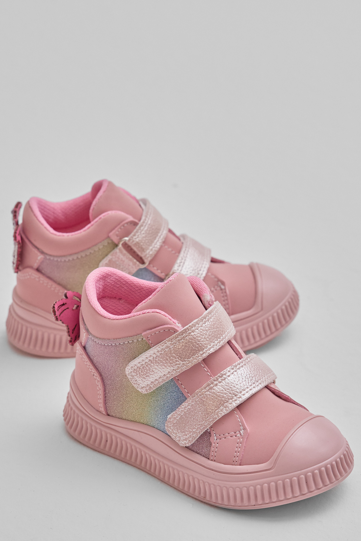 Çocuk Unisex Pudra Esnek Termo Taban Çift Cırtlı Şerit Desenli Spor Kısa Bot - Görsel 3