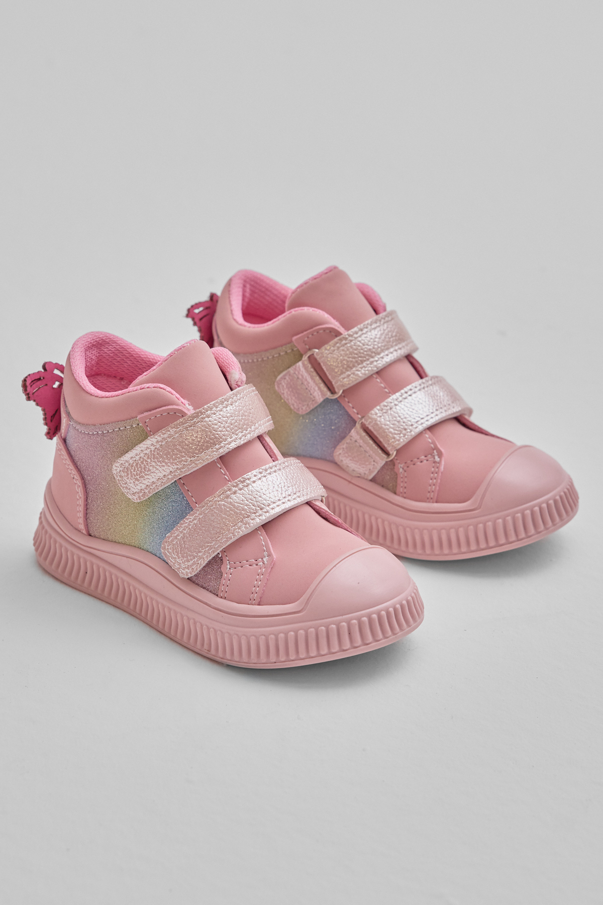 Çocuk Unisex Pudra Esnek Termo Taban Çift Cırtlı Şerit Desenli Spor Kısa Bot - Görsel 4