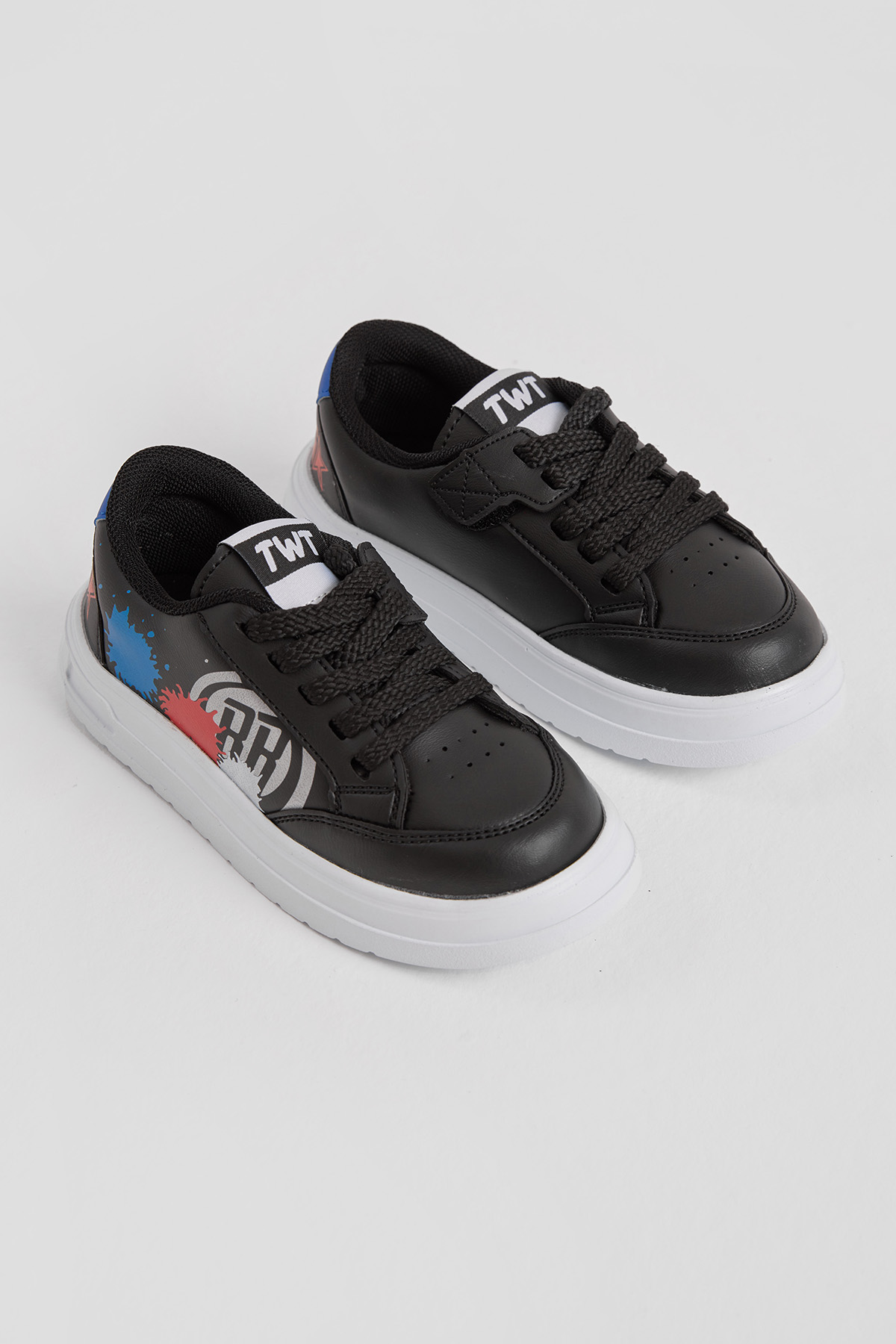 Çocuk Unisex Siyah Kırmızı EVA Faylon Taban Desenli Bağcıklı ve Cırtlı Spor Ayakkabı - Görsel 3