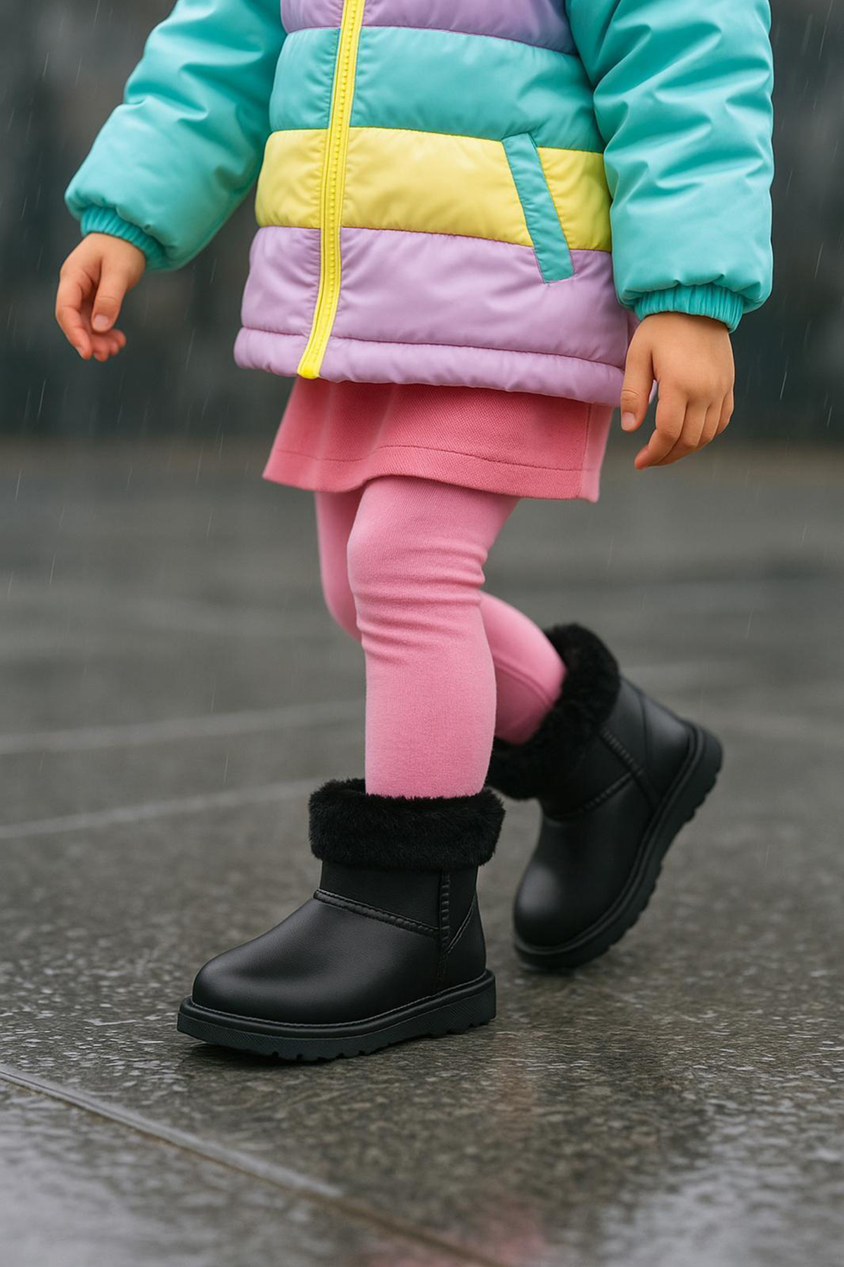 Kız Çocuk Siyah İçi Kürklü Sıcak Astarlı Çocuk PVC Bot - Görsel 2