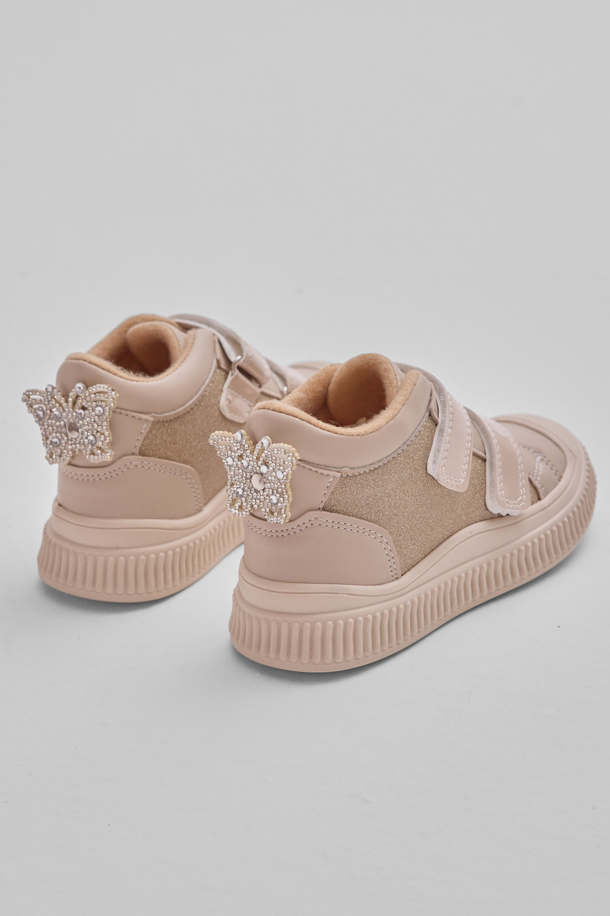 Çocuk Unisex Bej Esnek Termo Taban Çift Cırtlı Şerit Desenli Spor Kısa Bot - Görsel 4