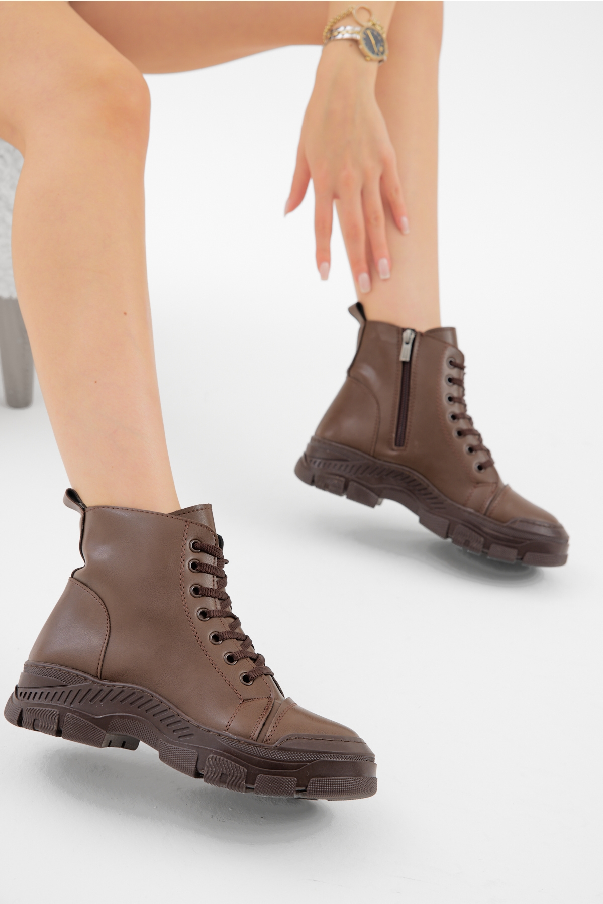 Kadın Kahve Kalın Termo Taban Bağcıklı ve Fermuarlı Günlük Bot - Görsel 5