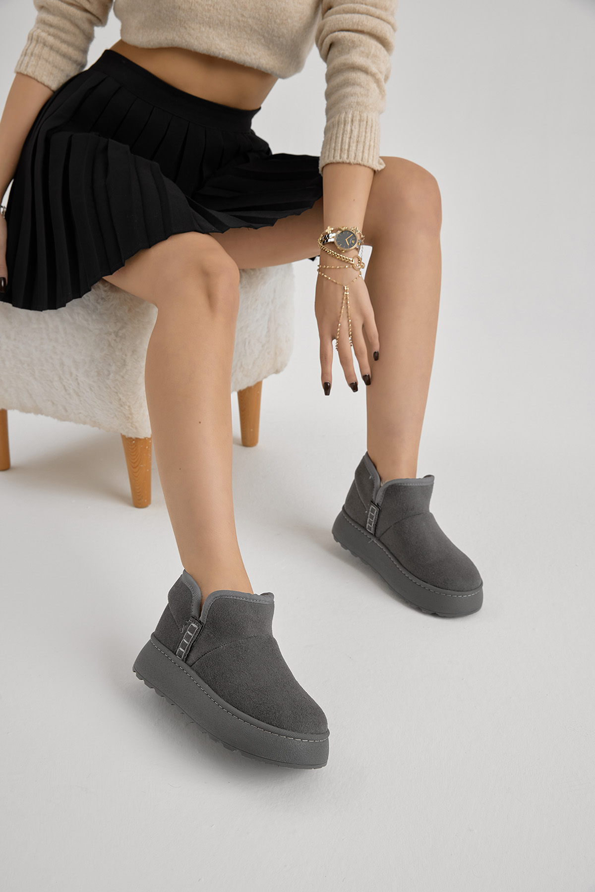 Kadın Füme Kalın Poli Taban İçi Astarlı Süet Görünümlü Günlük Bot - Görsel 5