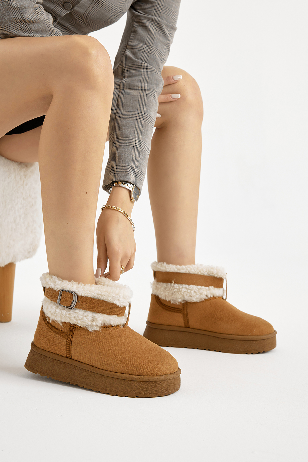 Kadın Taba Kalın Poli Taban Kürk Detaylı Süet Görünümlü Günlük Bot - Görsel 3