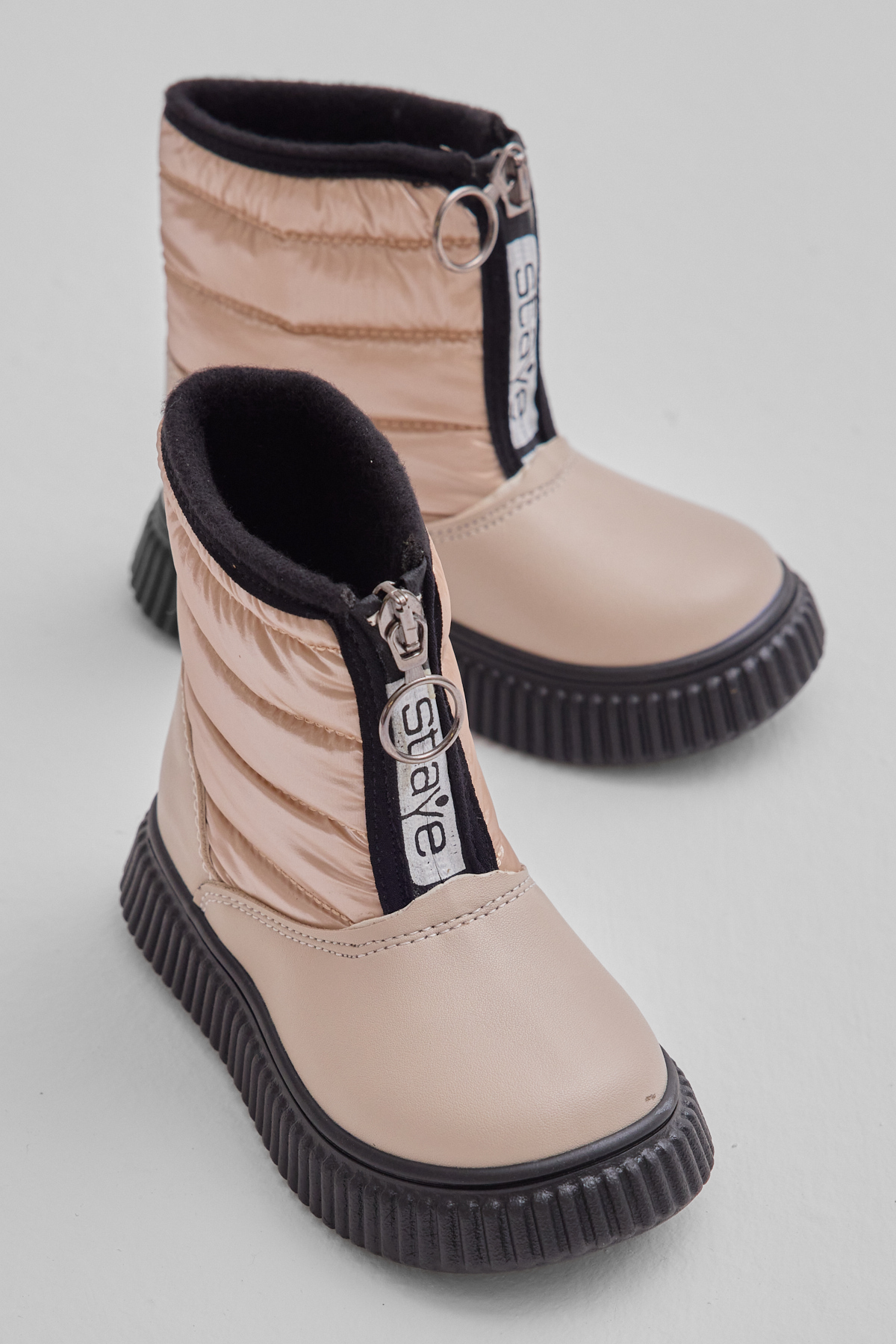 Çocuk Unisex Bej Esnek Termo Taban Sıcak Astarlı Önü Yazılı Fermuarlı Kar Botu - Görsel 2