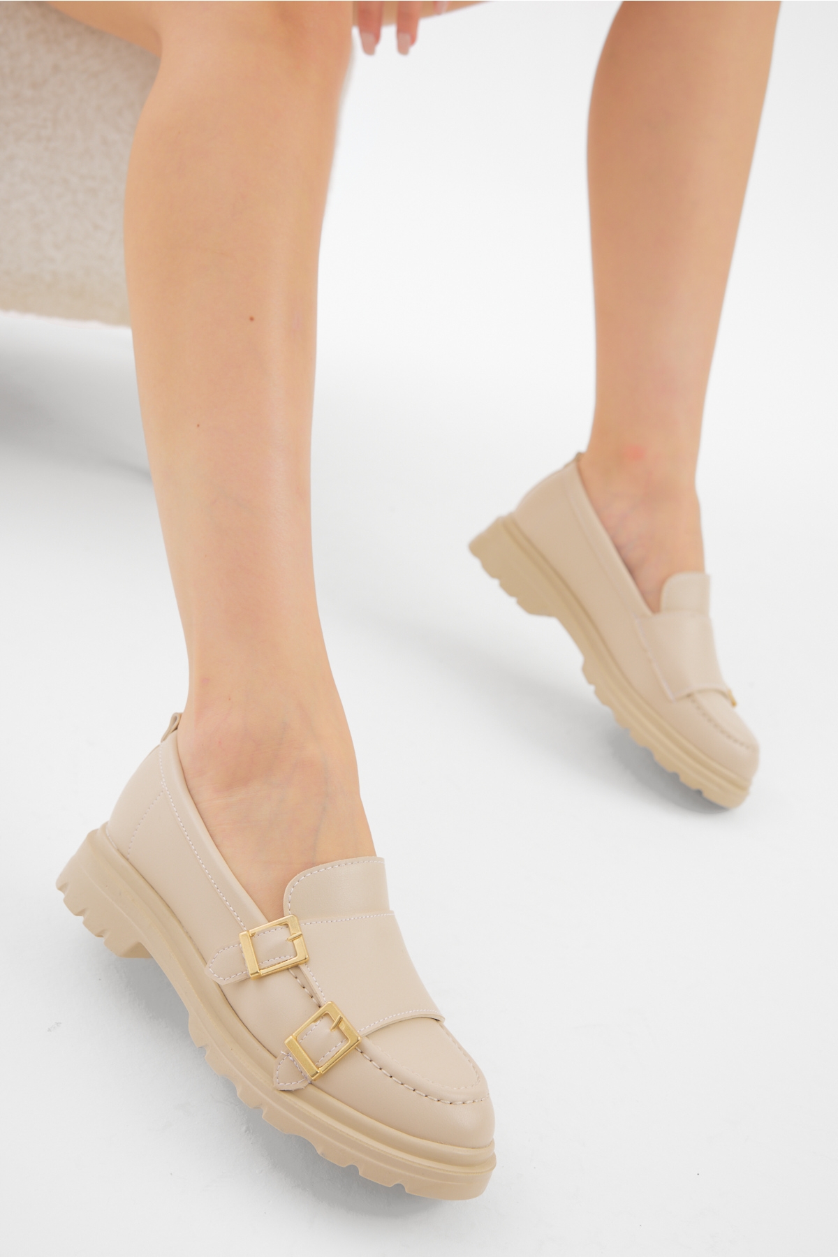 Kadın Bej Kalın Poli Taban Çift Tokalı Günlük Loafer - Görsel 2