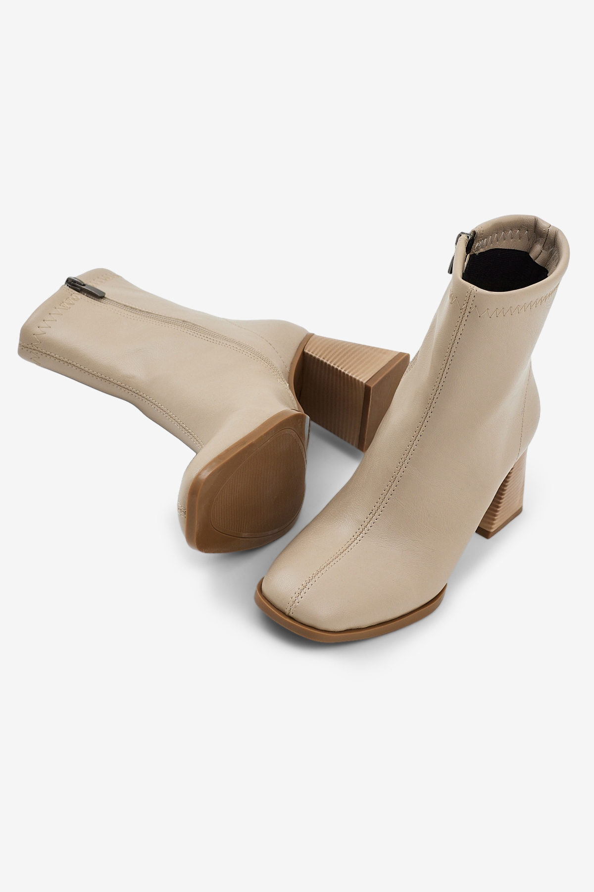 Kadın Bej Cilt TPU Taban Düz Desen Fermuarlı Kalın Topuklu Bot - Görsel 5