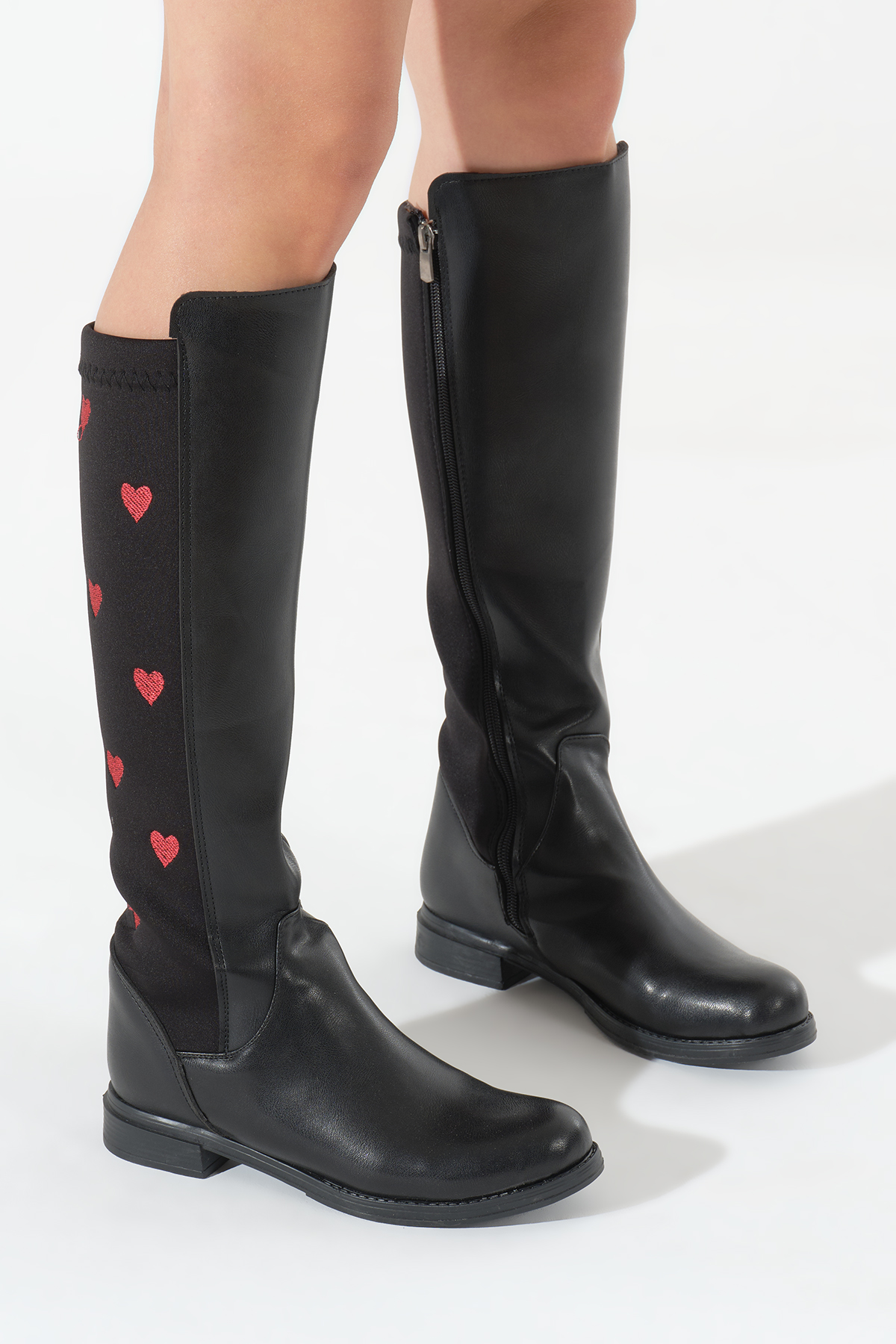 Kadın Siyah Termo Taban Arkası Strec Kalpli Fermuarlı Çizme - Görsel 2