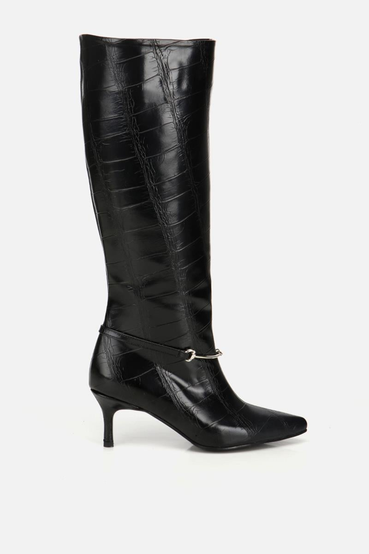 Kadın Siyah Kroko İnce Kemerli Tokalı Topuklu Çizme - Görsel 2