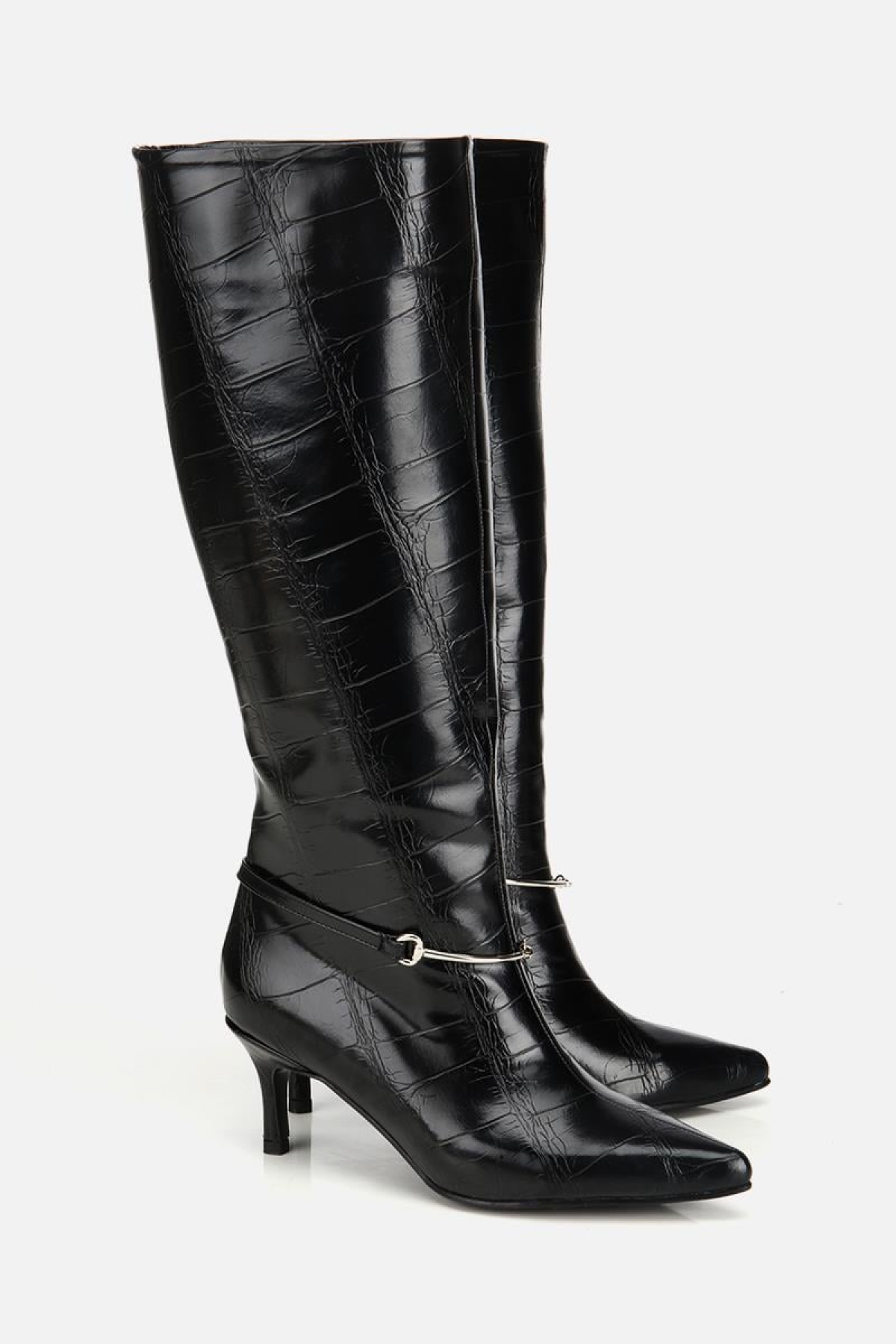 Kadın Siyah Kroko İnce Kemerli Tokalı Topuklu Çizme - Görsel 3