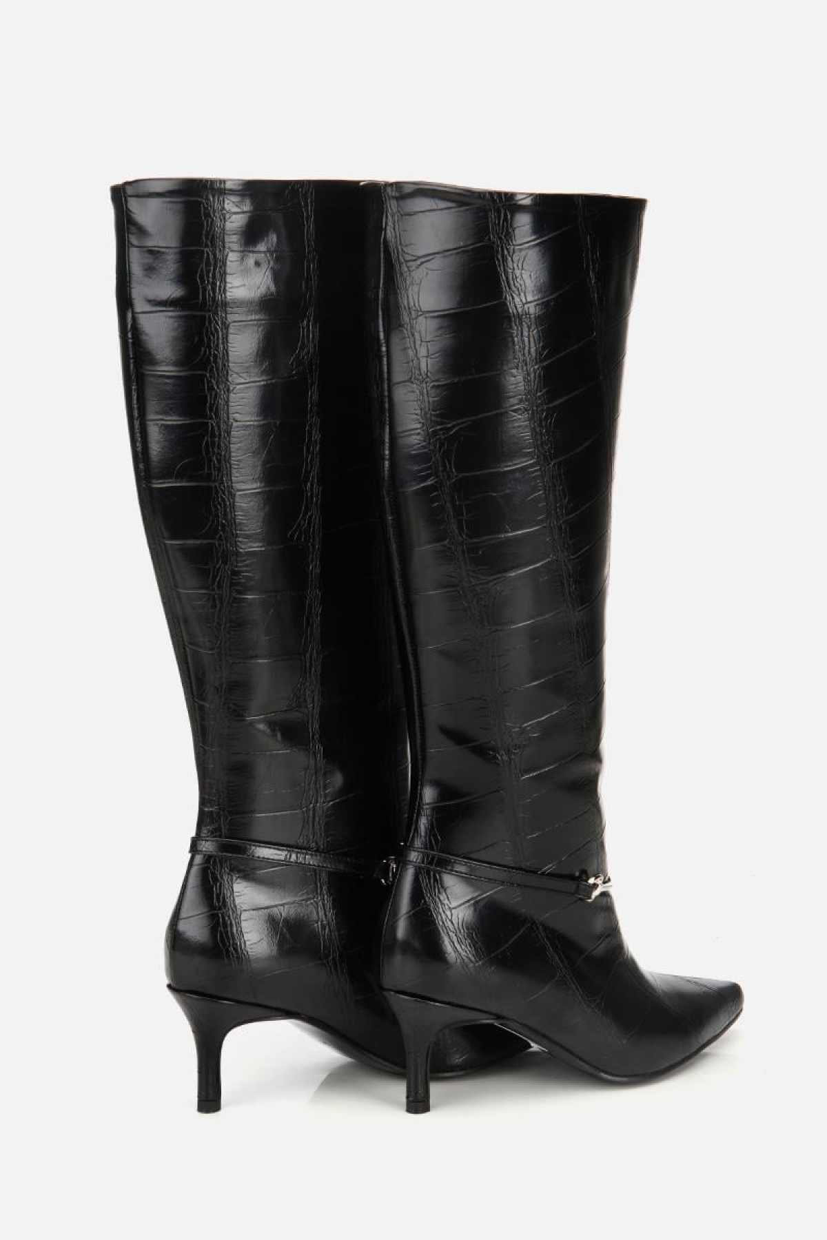 Kadın Siyah Kroko İnce Kemerli Tokalı Topuklu Çizme - Görsel 4