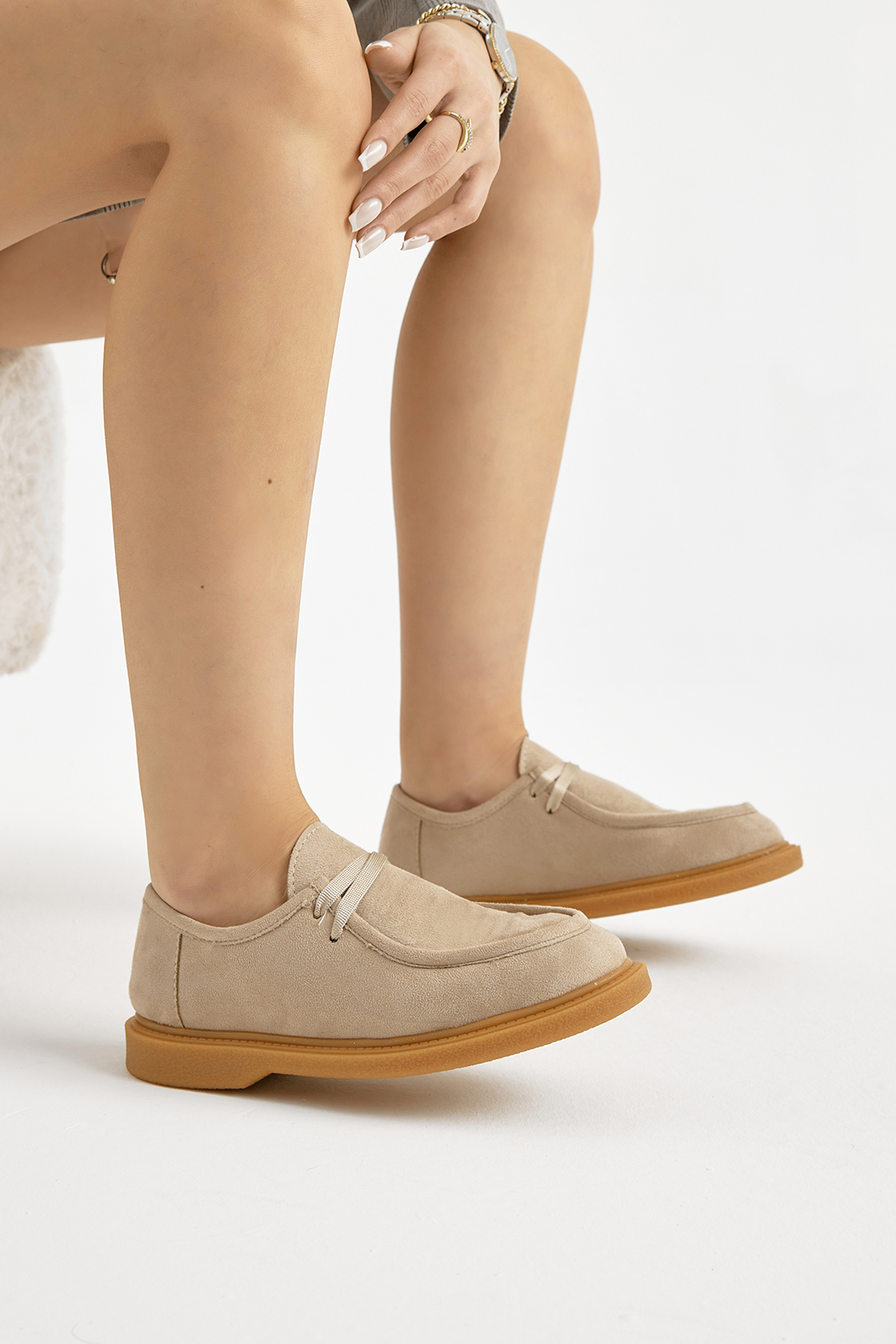 Kadın Bej Termo Taban Süet Görünümlü Bağcıklı Günlük Loafer - Görsel 2