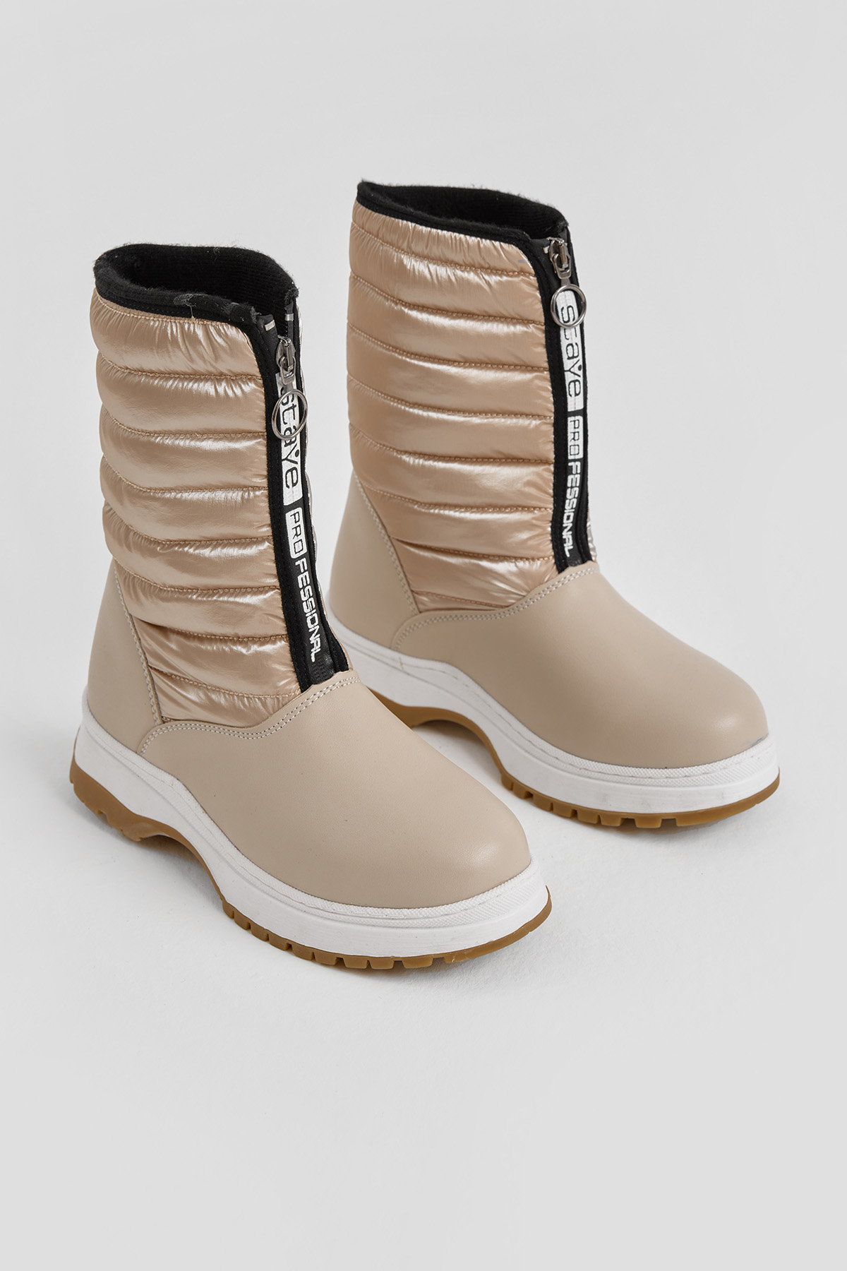 Çocuk Unisex Bej Kalın Termo Taban Önü Yazılı Sıcak Astarlı Fermuarlı Şişme Kar Botu - Görsel 2