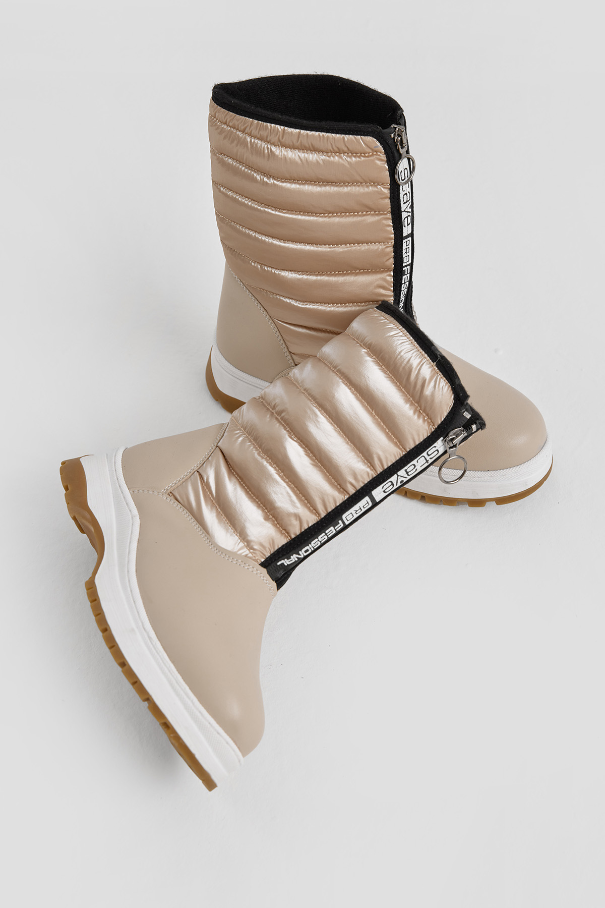 Çocuk Unisex Bej Kalın Termo Taban Önü Yazılı Sıcak Astarlı Fermuarlı Şişme Kar Botu - Görsel 4