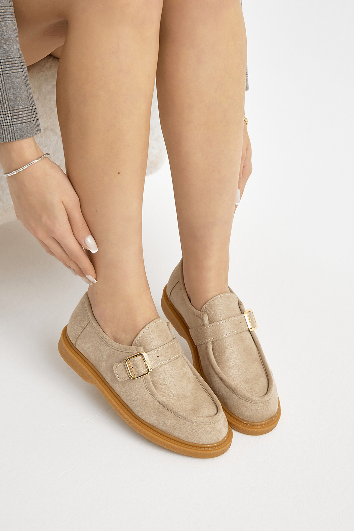 Kadın Bej Termo Taban Süet Görünümlü Tokalı Günlük Loafer - Görsel 2