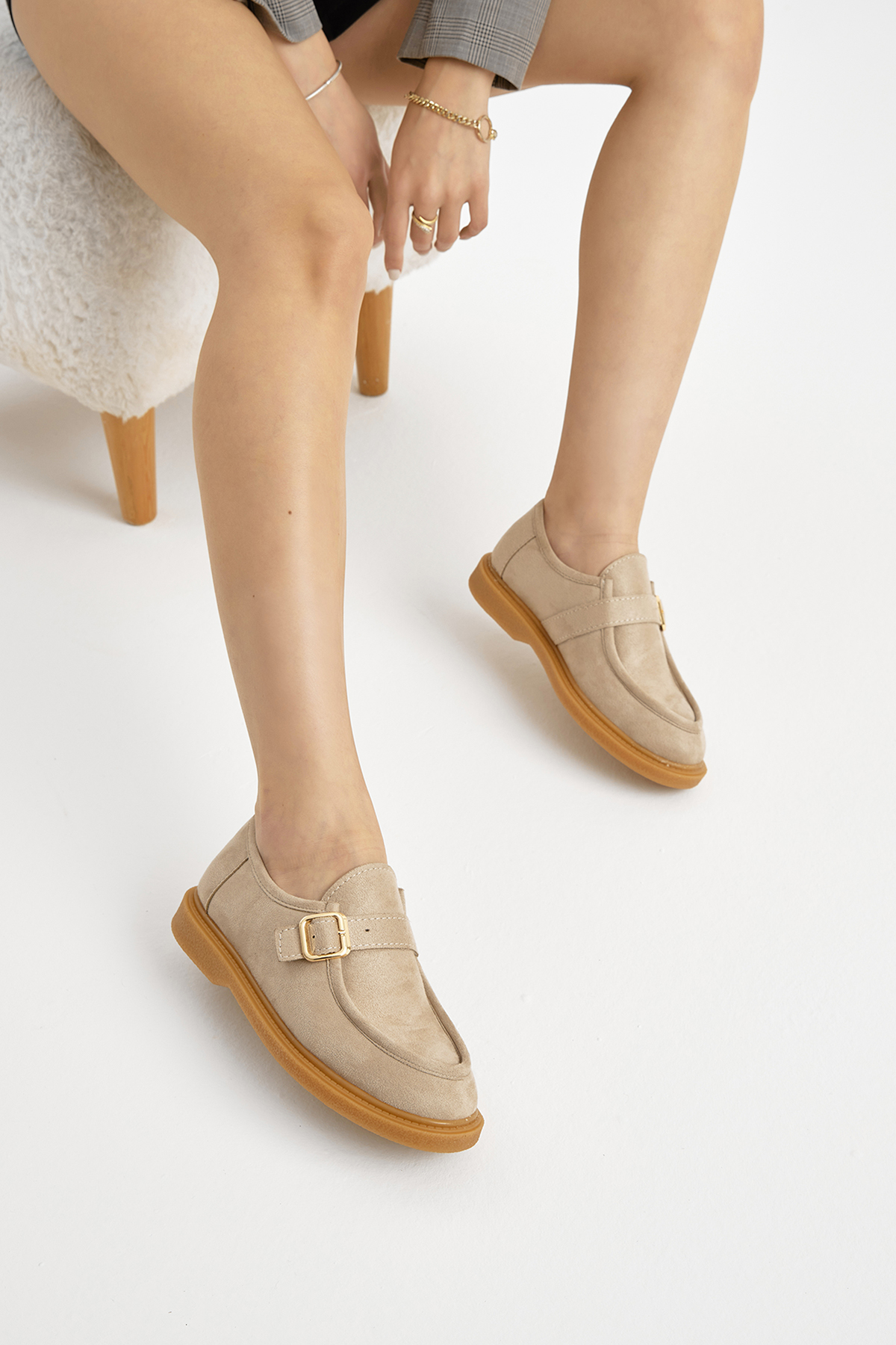 Kadın Bej Termo Taban Süet Görünümlü Tokalı Günlük Loafer - Görsel 4