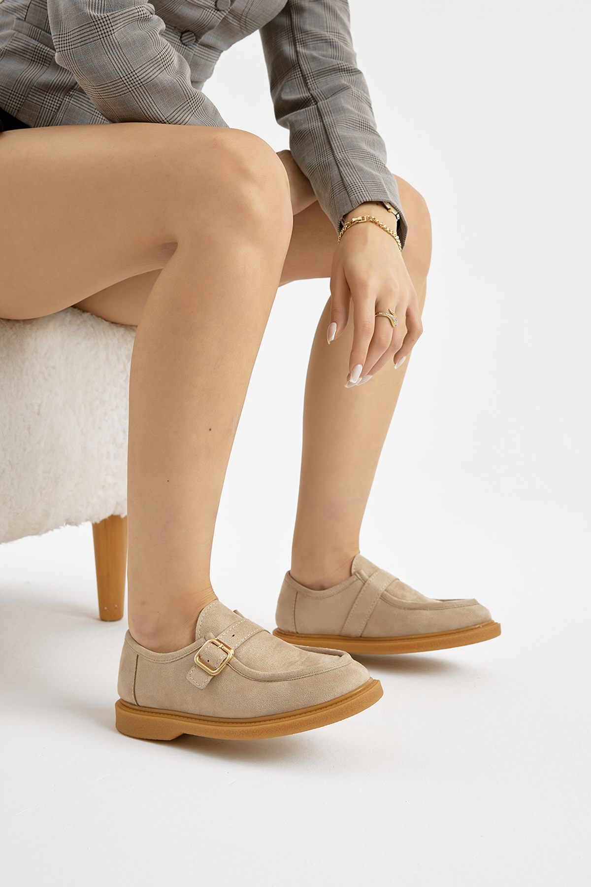 Kadın Bej Termo Taban Süet Görünümlü Tokalı Günlük Loafer - Görsel 5