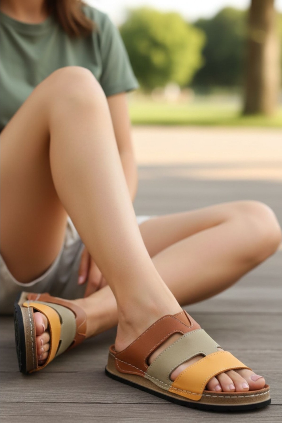 Hakiki Deri Üç Bantlı Çok Renkli Ortopedik Kadın Terlik NAPA-303 - Görsel 9