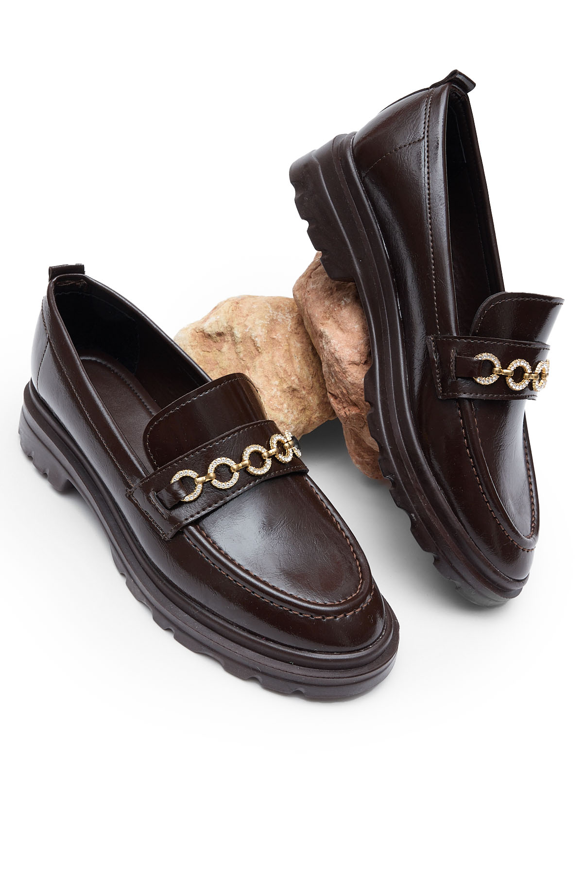 Kadın Bordo Kalın Poli Taban Zincir Aksesuarlı Günlük Loafer - Görsel 2