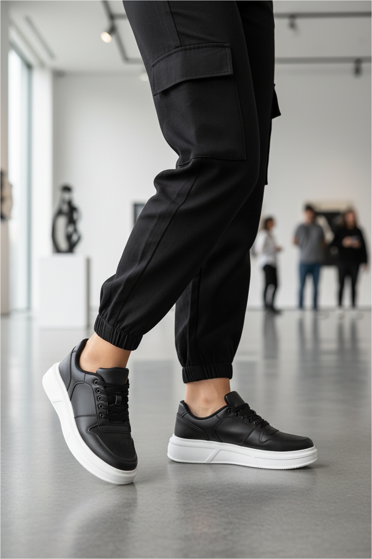 Siyah Beyaz Bağcıklı Cilt Hafif Unisex Sneaker Aper 049 G - Görsel 4