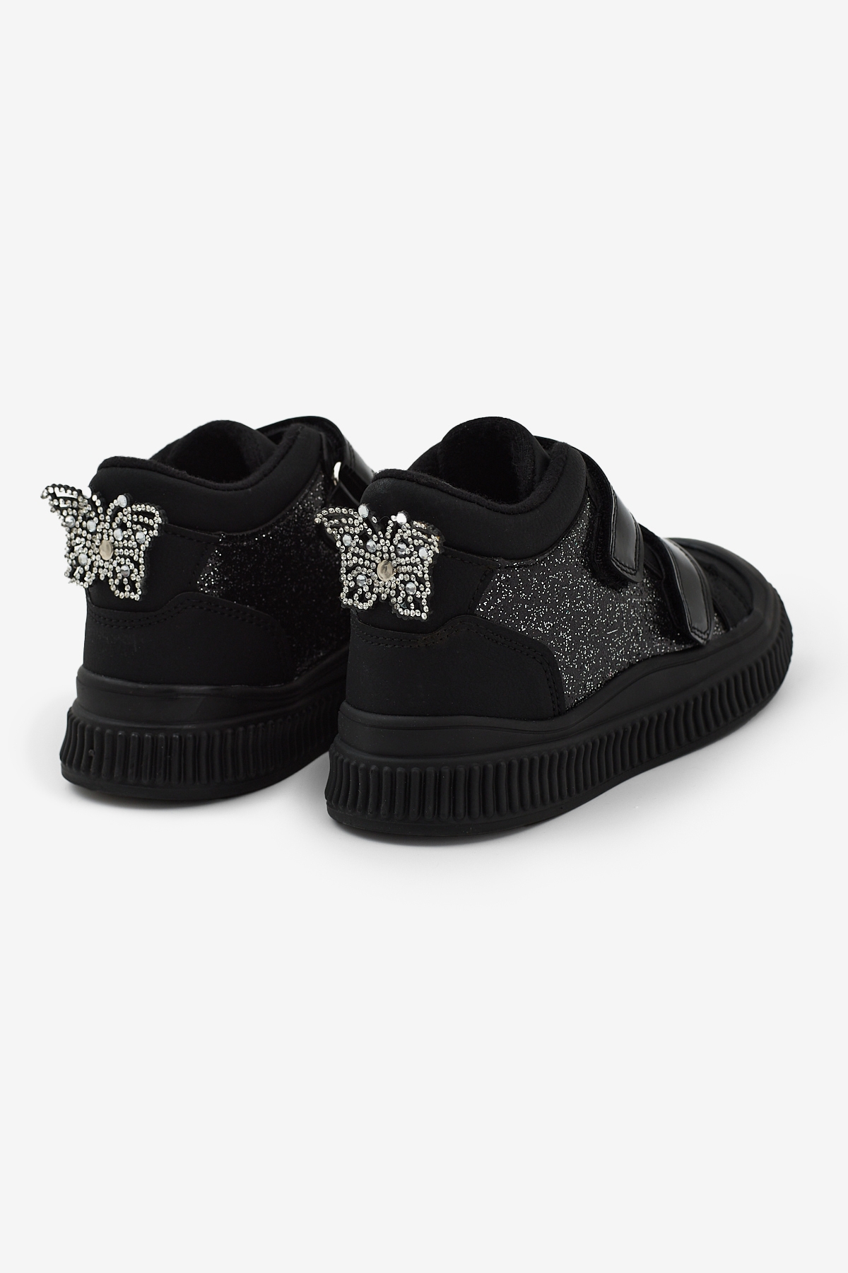 Çocuk Unisex Siyah Simli Esnek Termo Taban Çift Cırtlı Şerit Desenli Spor Kısa Bot - Görsel 4