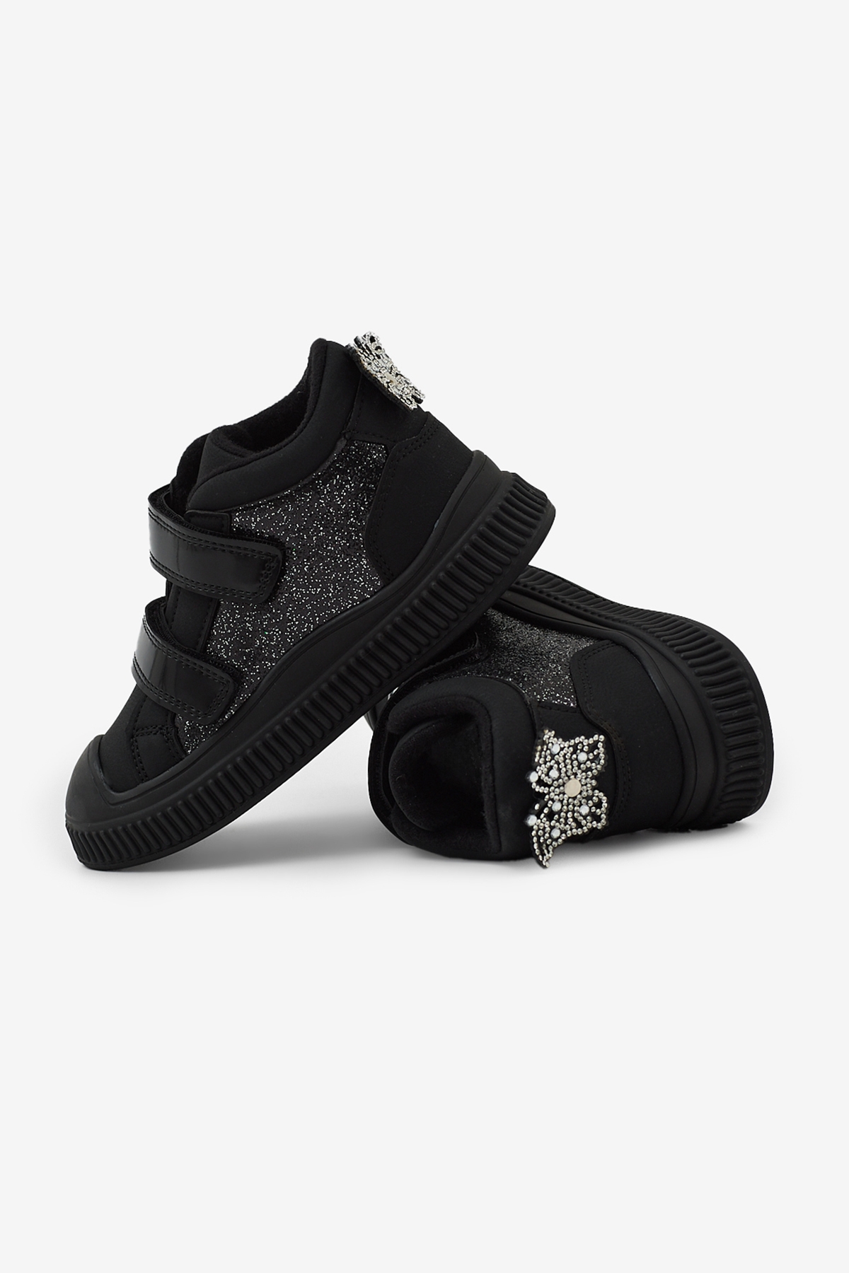 Çocuk Unisex Siyah Simli Esnek Termo Taban Çift Cırtlı Şerit Desenli Spor Kısa Bot - Görsel 6