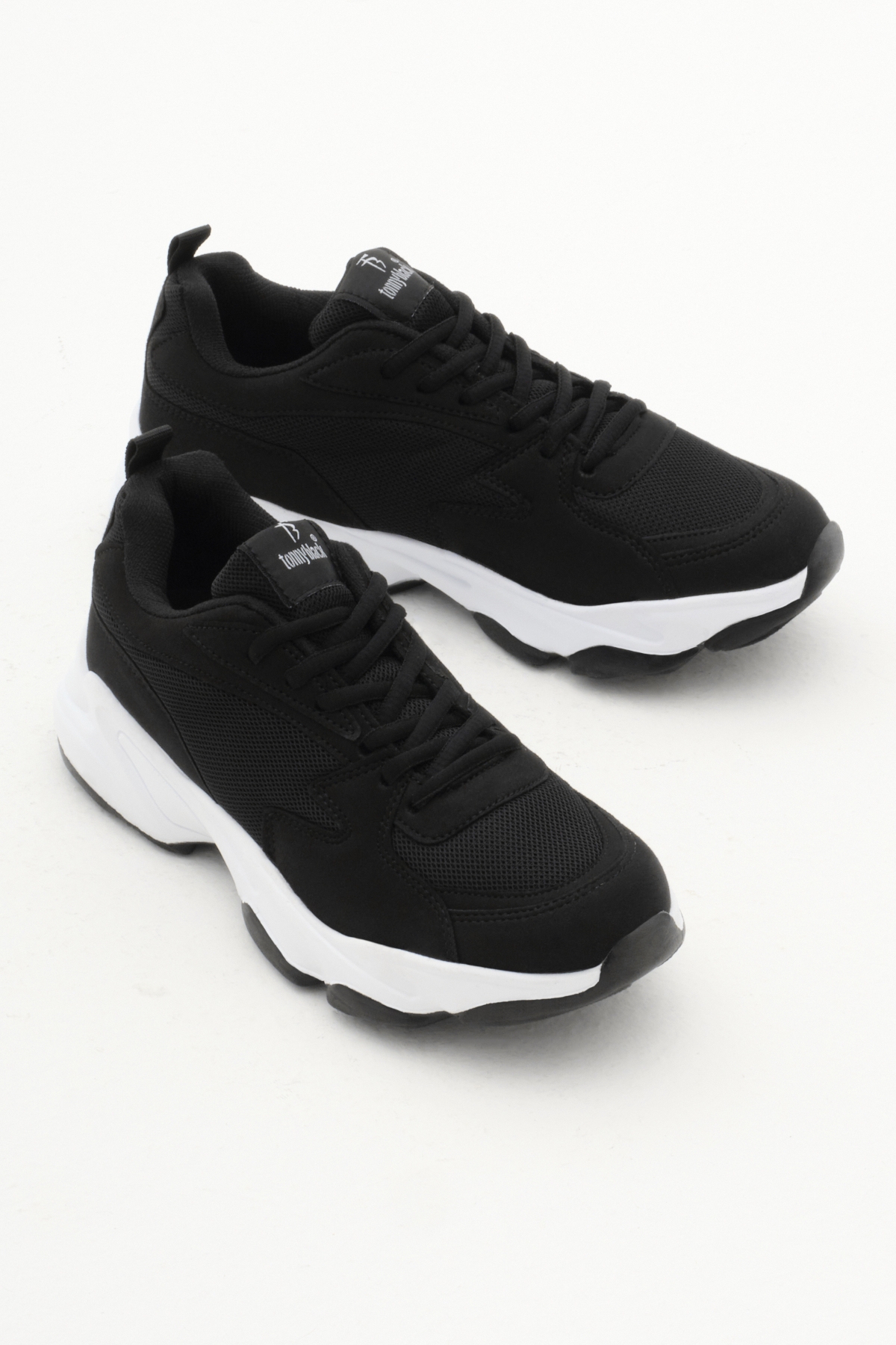 Unisex Siyah Beyaz File Rahat Kalıp Yüksek Poli Taban Bağcıklı Spor Ayakkabı - Görsel 4