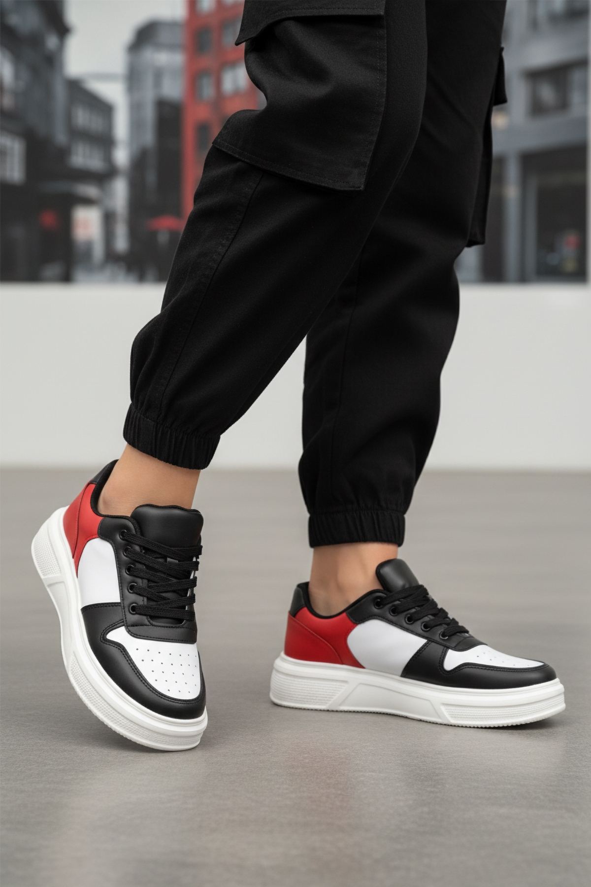 Beyaz Siyah Bağcıklı Cilt Hafif Unisex Sneaker Aper 049 G - Görsel 4