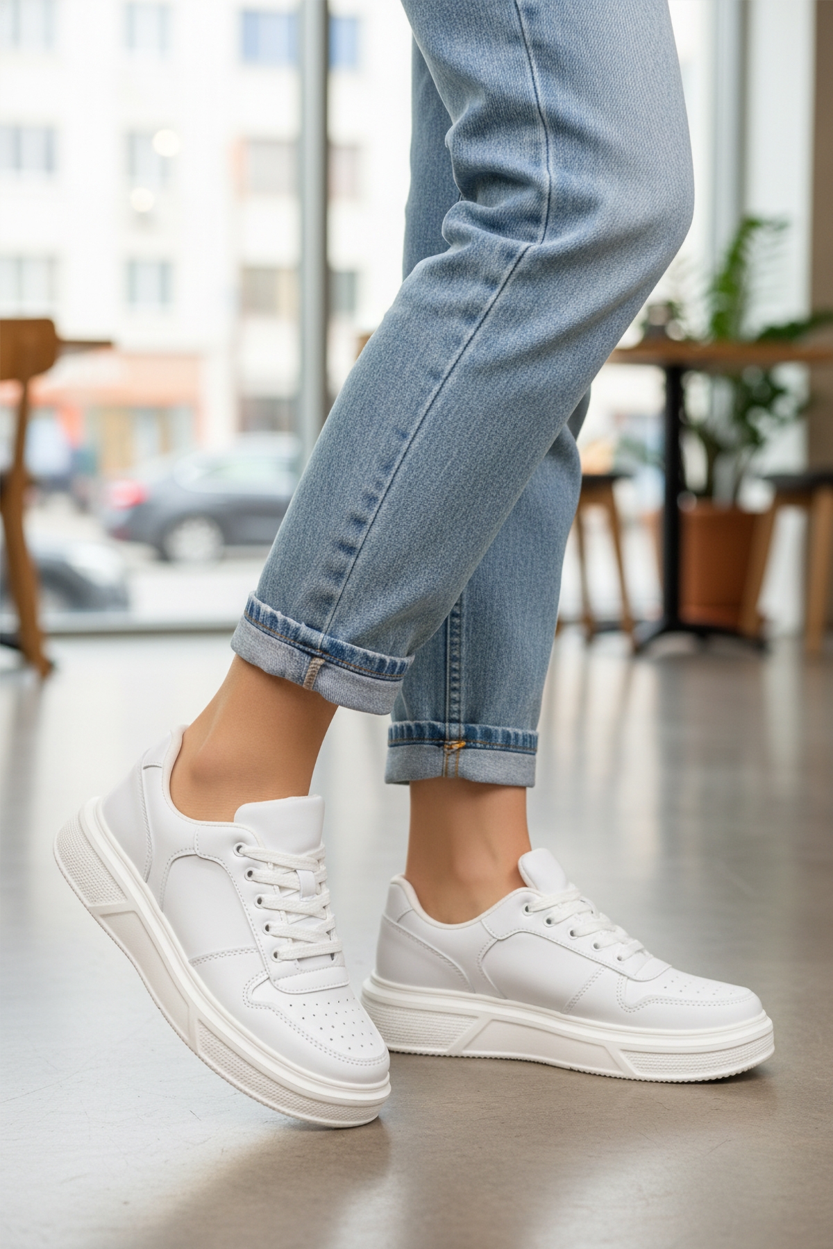 Beyaz Bağcıklı Cilt Hafif Unisex Sneaker Aper 049 G - Görsel 4