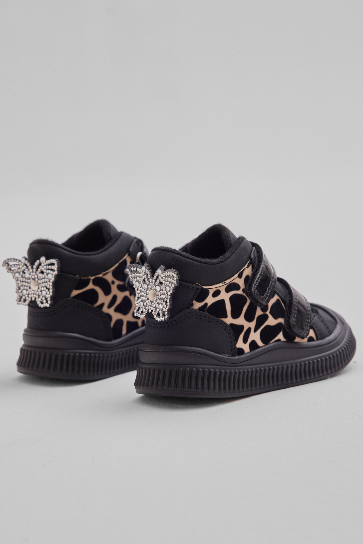 Çocuk Unisex Siyah Leopar Esnek Termo Taban Çift Cırtlı Şerit Desenli Spor Kısa Bot - Görsel 5