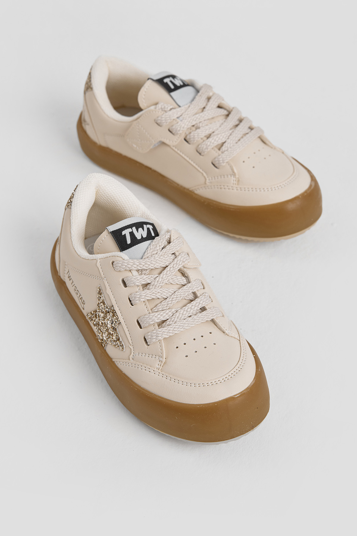 Çocuk Unisex Krem Gold Termo Taban Yıldız Detaylı Bağcıklı ve Cırtlı Spor Ayakkabı - Görsel 3