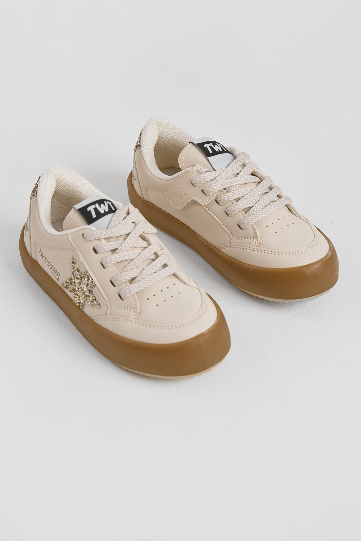 Çocuk Unisex Krem Gold Termo Taban Yıldız Detaylı Bağcıklı ve Cırtlı Spor Ayakkabı - Görsel 4