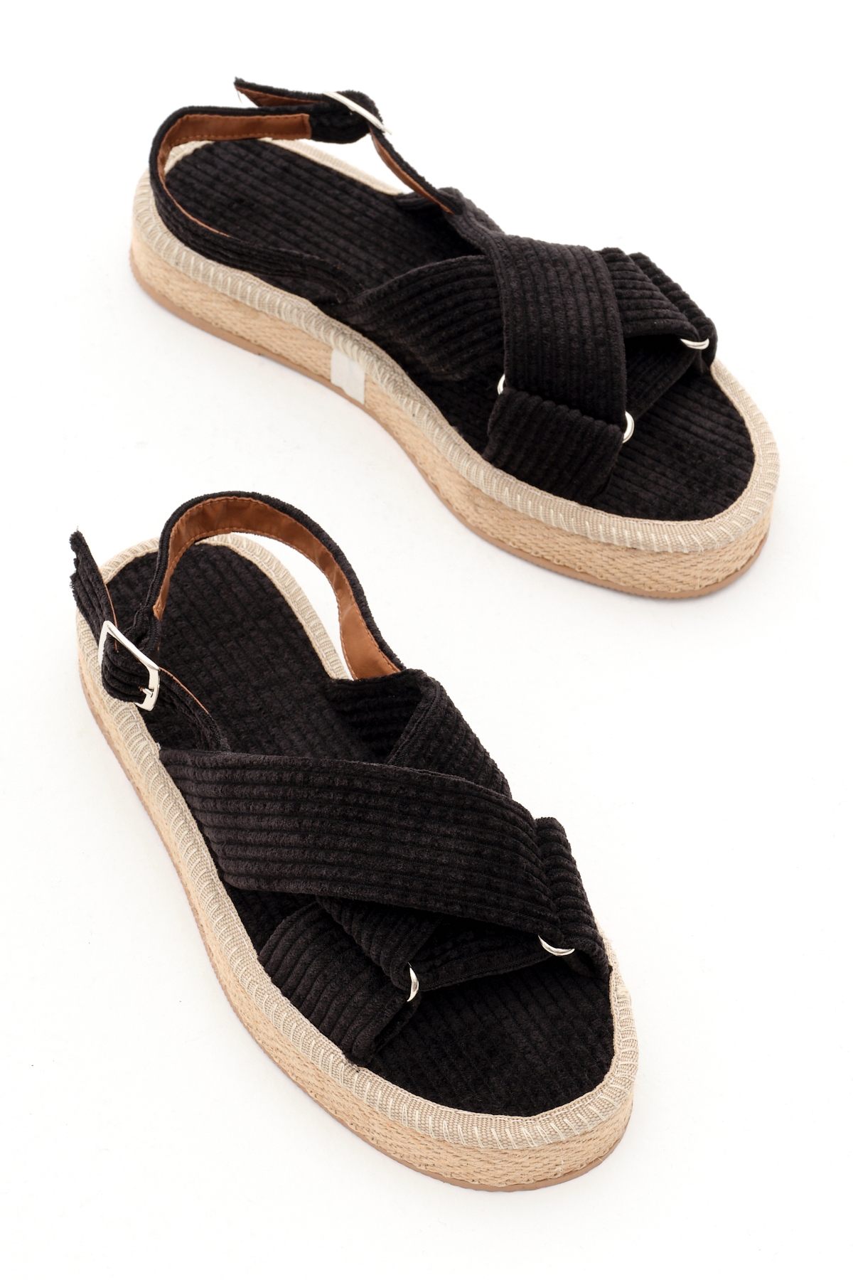 Kadın Siyah Krem Çapraz Bantlı Bilekten Bağlamalı Hasır Triko Sandalet - Görsel 3
