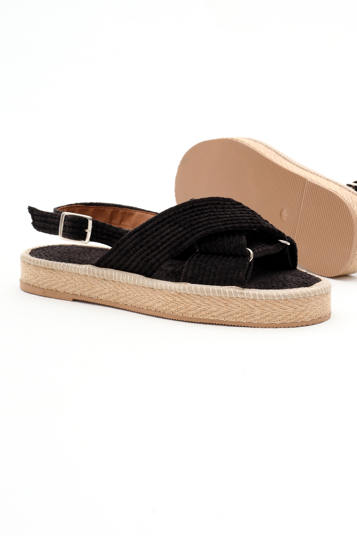 Kadın Siyah Krem Çapraz Bantlı Bilekten Bağlamalı Hasır Triko Sandalet - Görsel 5