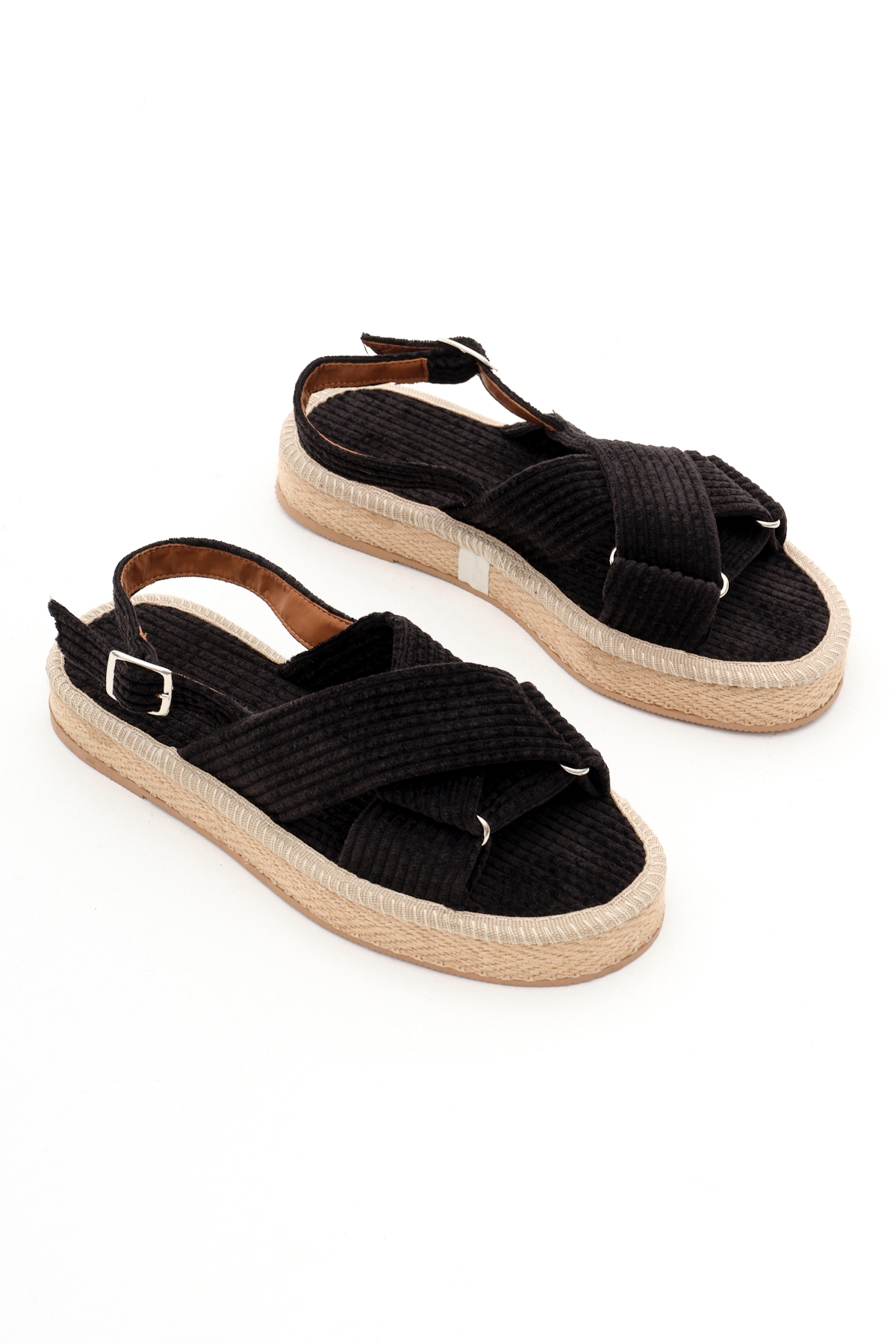 Kadın Siyah Krem Çapraz Bantlı Bilekten Bağlamalı Hasır Triko Sandalet - Görsel 6