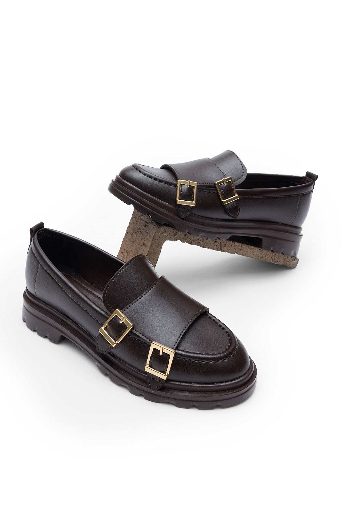 Kadın Bordo Kalın Poli Taban Çift Tokalı Günlük Loafer - Görsel 3