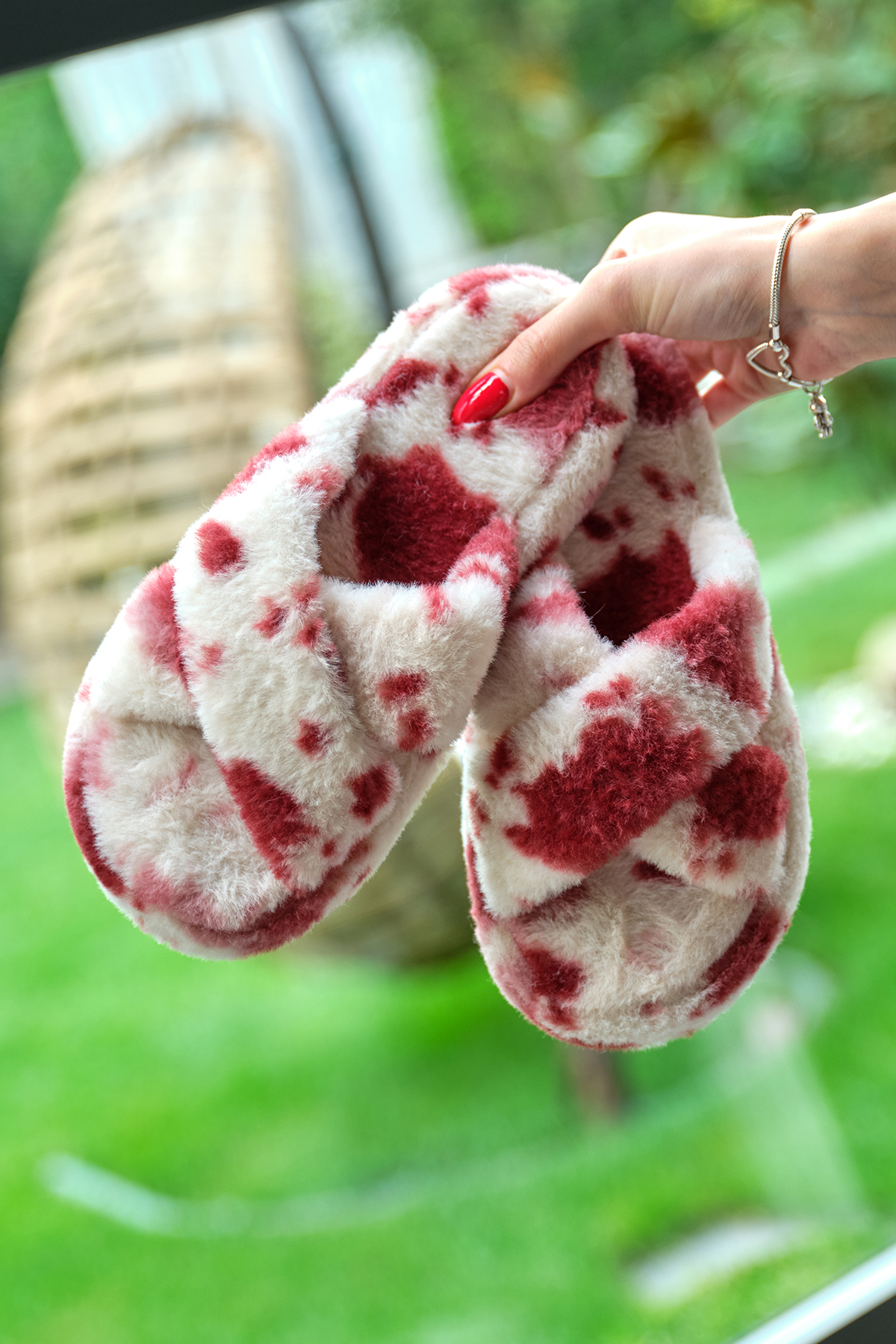 Kadın Bordo Desenli Peluş Çapraz Ev Terliği - Görsel 4