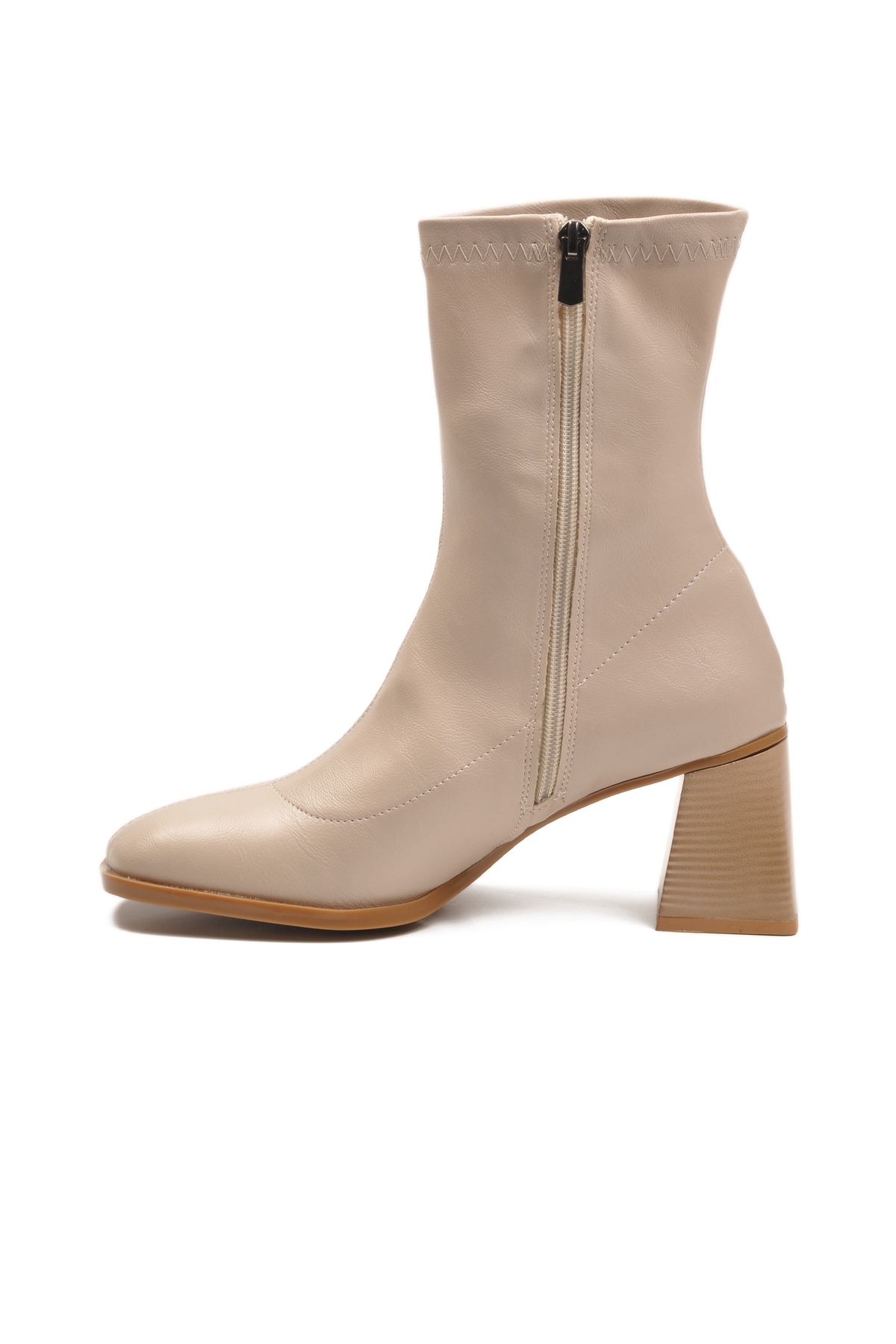 Bej Polarlı Fermuarlı Streç Kadın Topuklu Bot 2615 Z - Görsel 5