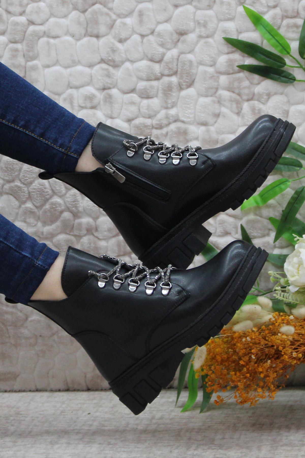 3352 Taş Bağcıklı Sıcak Astar Kaymaz Taban Kadın Bot - Görsel 2