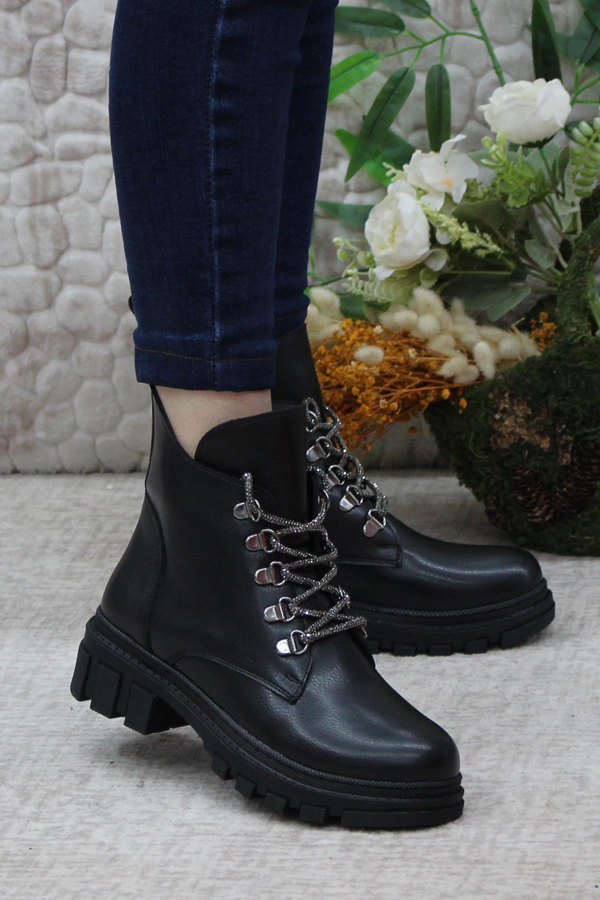 3352 Taş Bağcıklı Sıcak Astar Kaymaz Taban Kadın Bot - Görsel 3