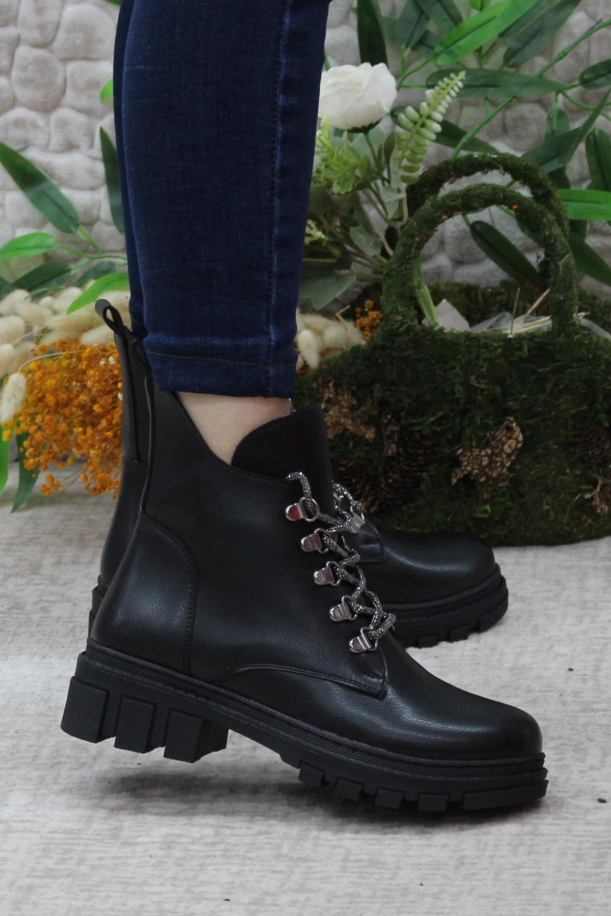 3352 Taş Bağcıklı Sıcak Astar Kaymaz Taban Kadın Bot - Görsel 4