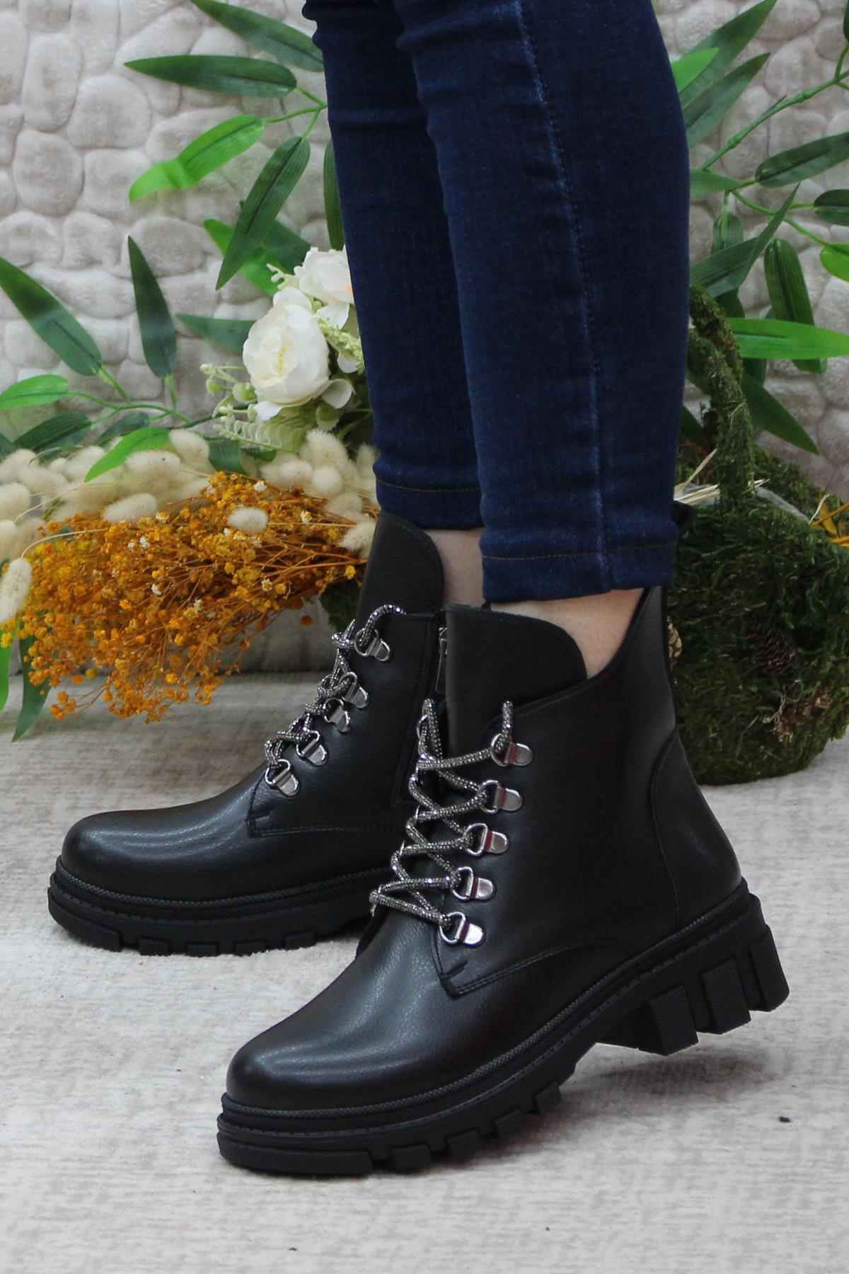 3352 Taş Bağcıklı Sıcak Astar Kaymaz Taban Kadın Bot - Görsel 5