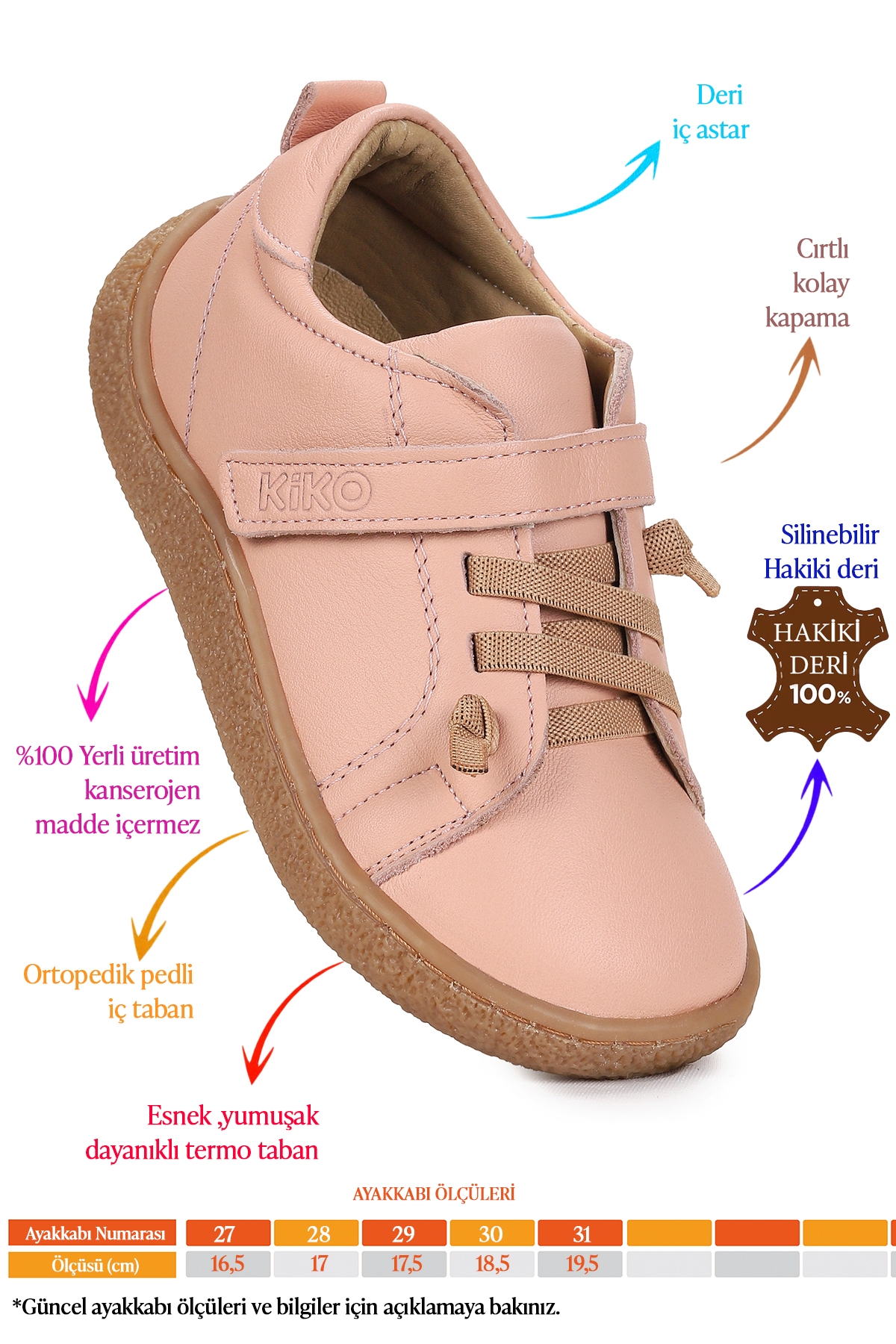 Arad %100 Deri Günlük Kız Çocuk Spor Ayakkabı Pudra - Görsel 3