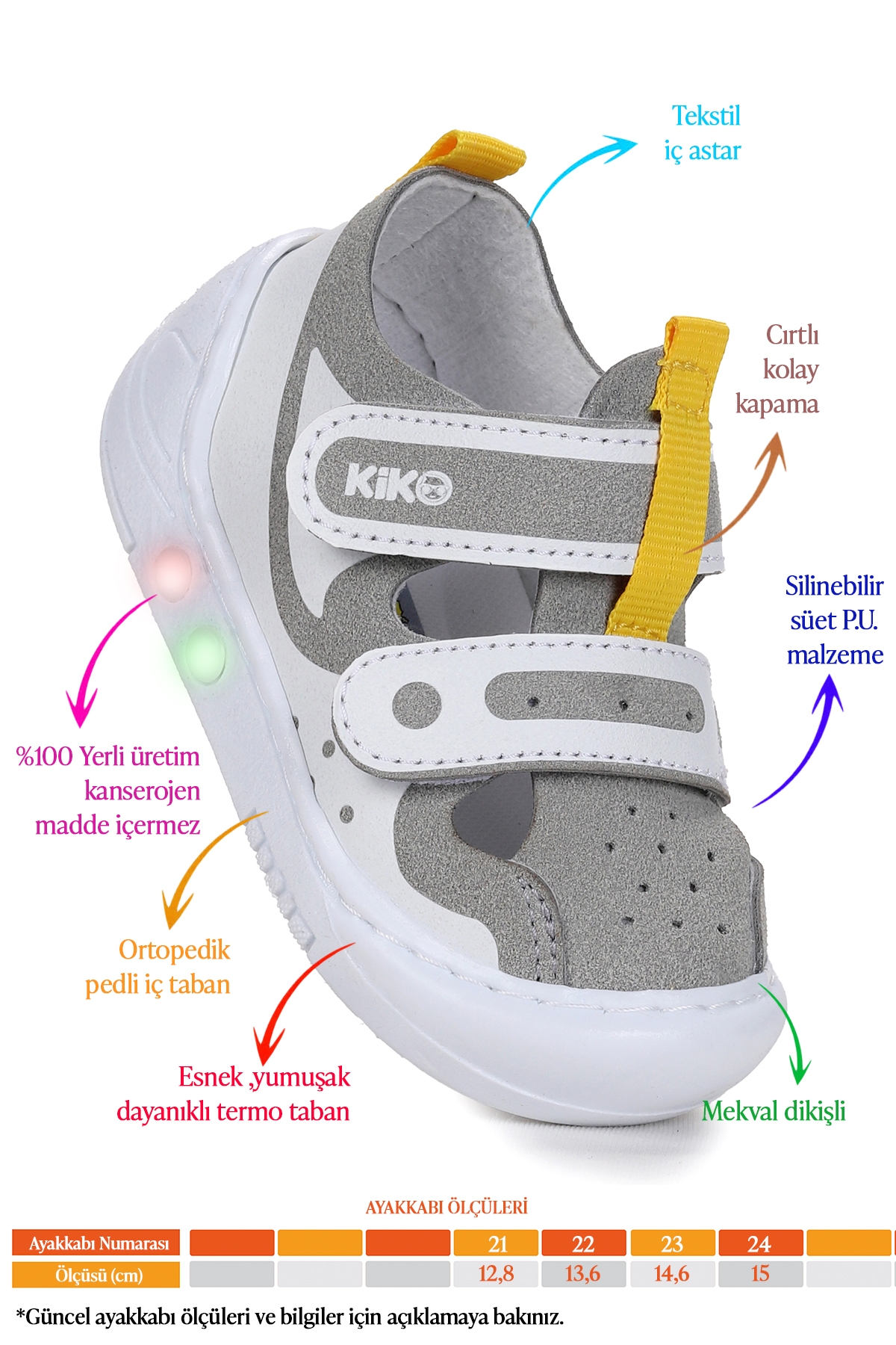 Nera Cırtlı Işıklı Erkek Bebek Yürüyüş Spor Ayakkabı Gri - Sarı - Görsel 3