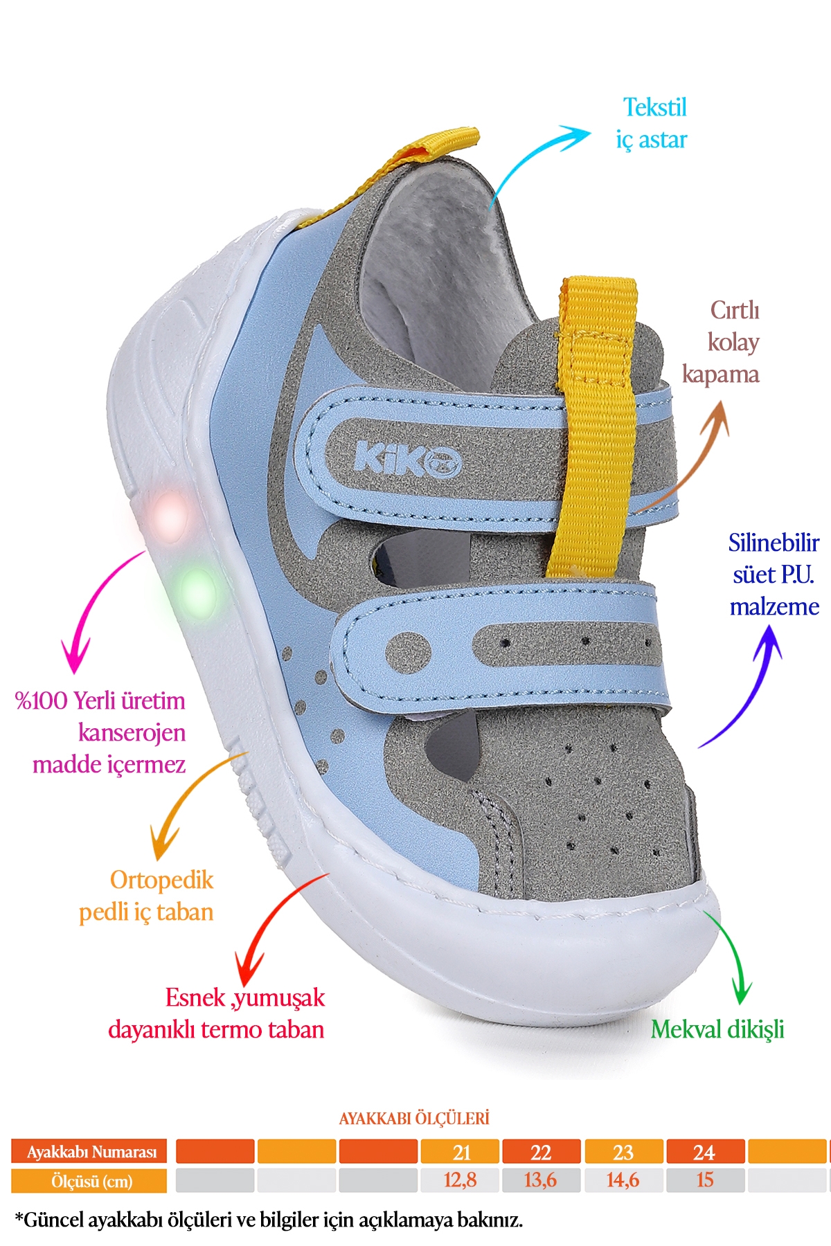 Nera Cırtlı Işıklı Erkek Bebek Yürüyüş Spor Ayakkabı Gri - Mavi - Sarı - Görsel 3