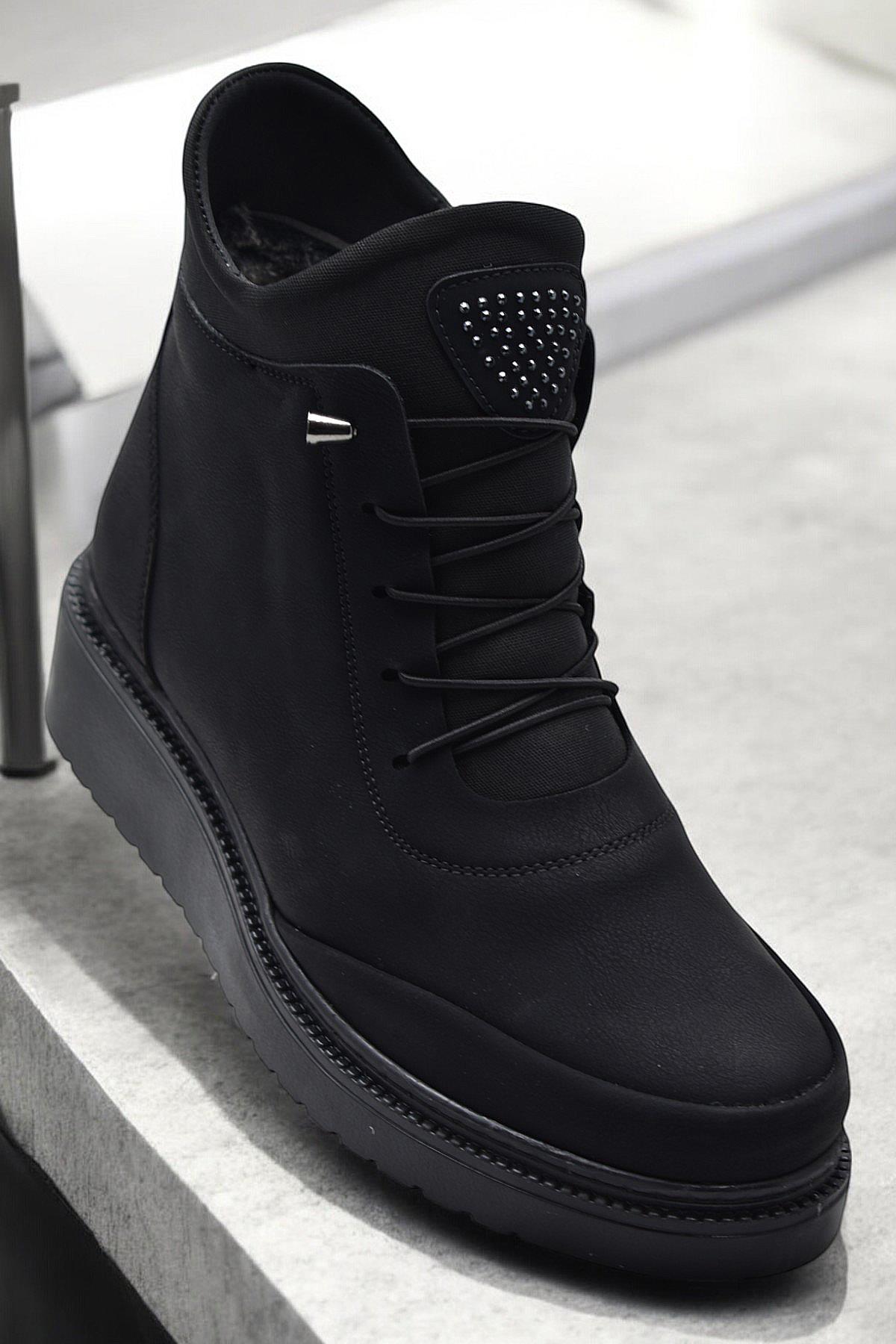 211 Zümrüt Ortopedik Taban Lastik Bağcıklı Fermuarlı İçi Kürklü Siyah Kadın Bot Ayakkabı - Görsel 3