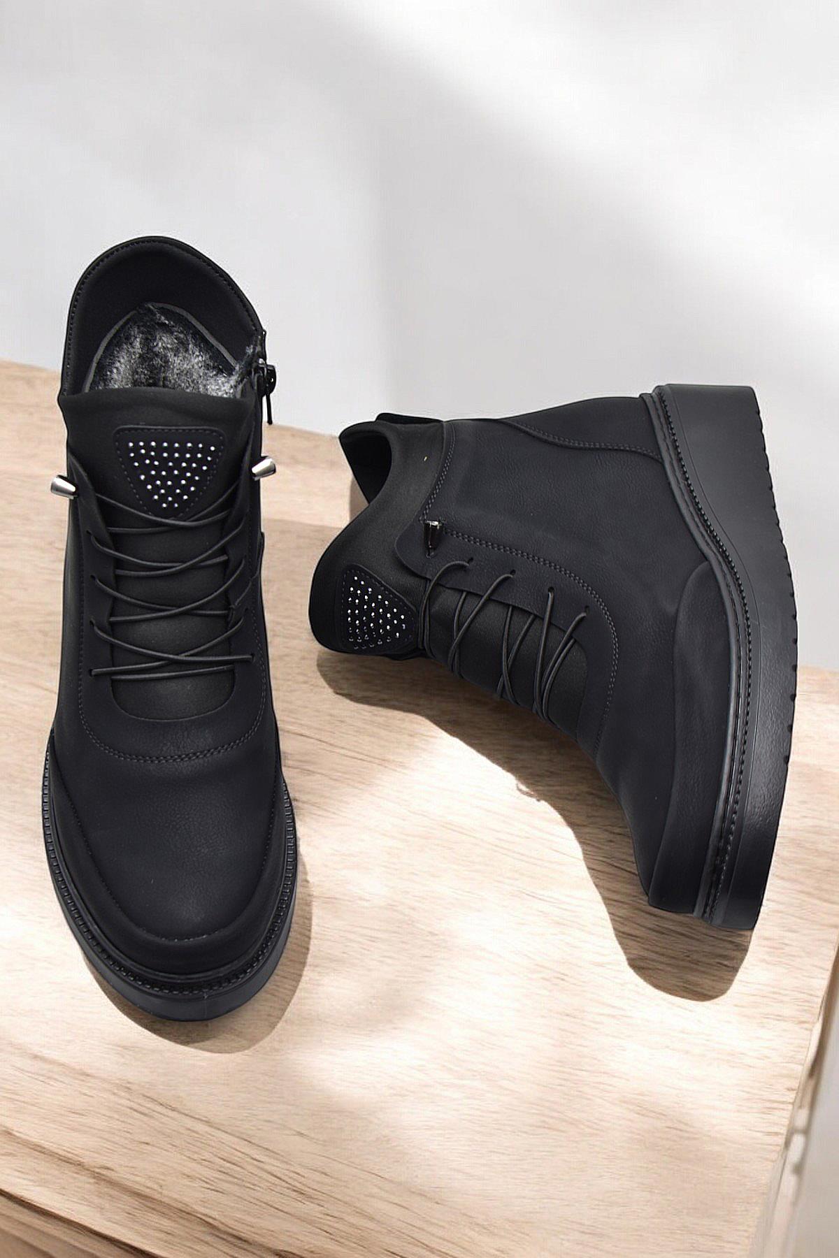 211 Zümrüt Ortopedik Taban Lastik Bağcıklı Fermuarlı İçi Kürklü Siyah Kadın Bot Ayakkabı - Görsel 5