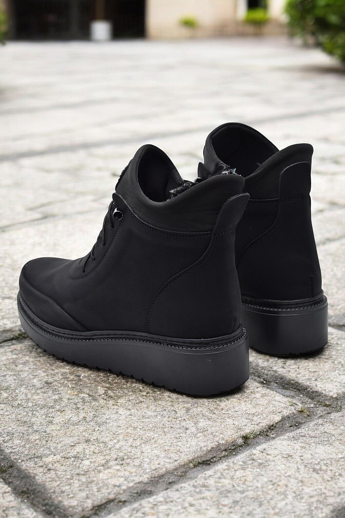 211 Zümrüt Ortopedik Taban Lastik Bağcıklı Fermuarlı İçi Kürklü Siyah Kadın Bot Ayakkabı - Görsel 6