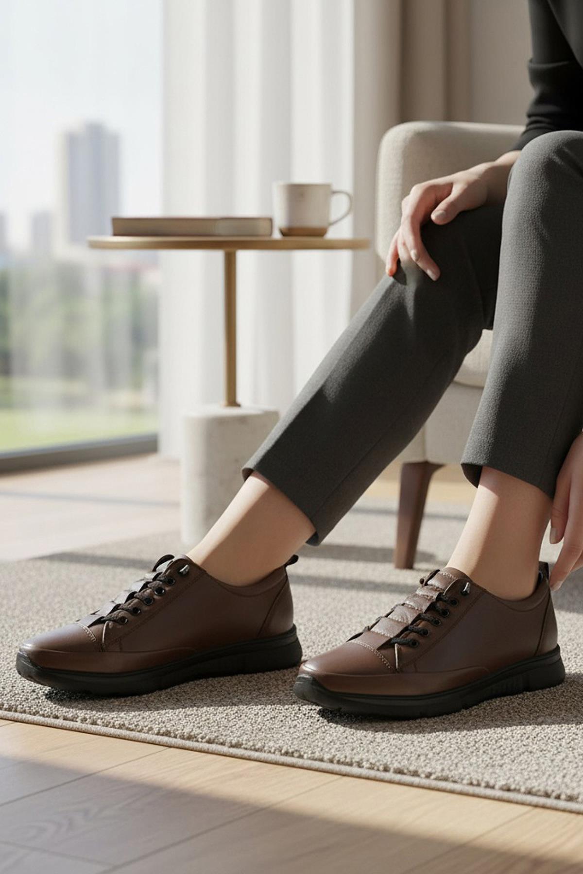 605 Tam Ortopedik Poli Hafif Taban Günlük Hakiki Deri Kadın Ayakkabı Lastikli - Görsel 8