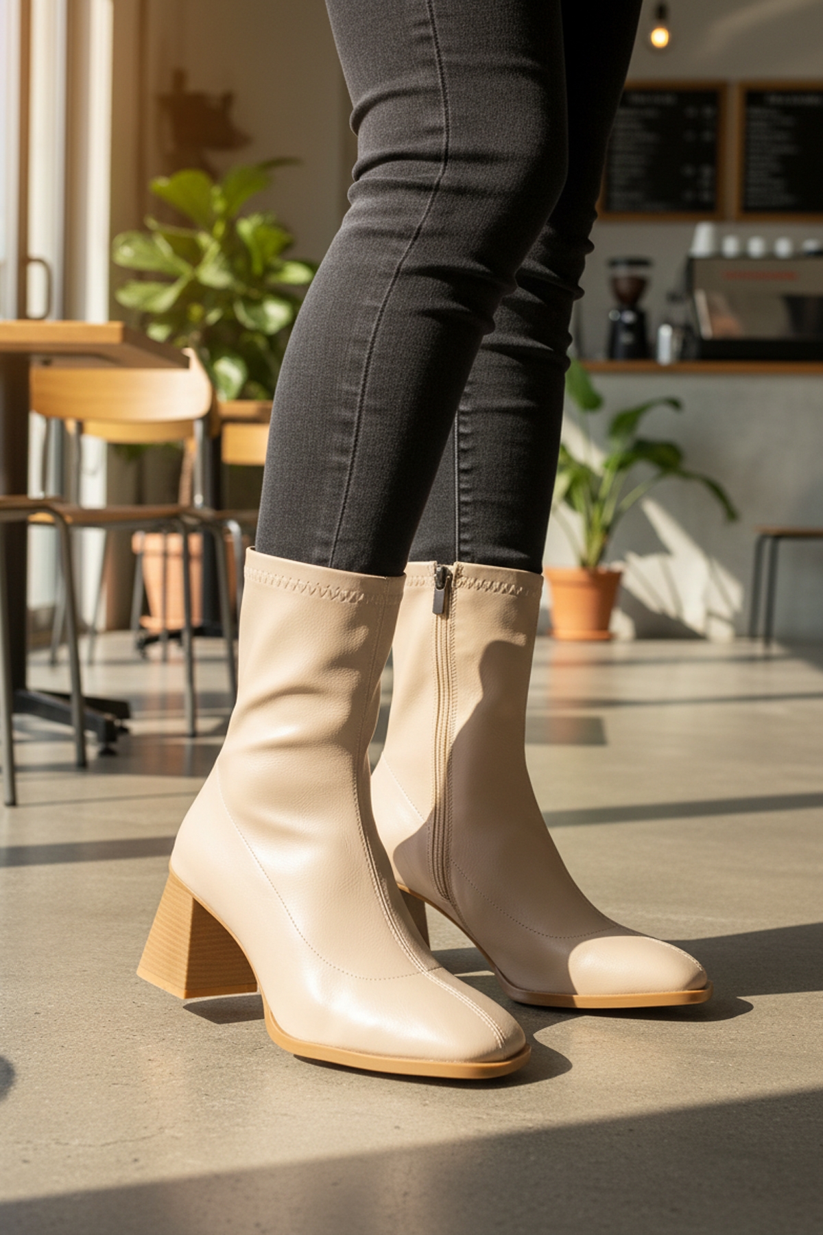 Aspor Bej Polarlı Fermuarlı Streç Kadın Topuklu Bot - Görsel 4